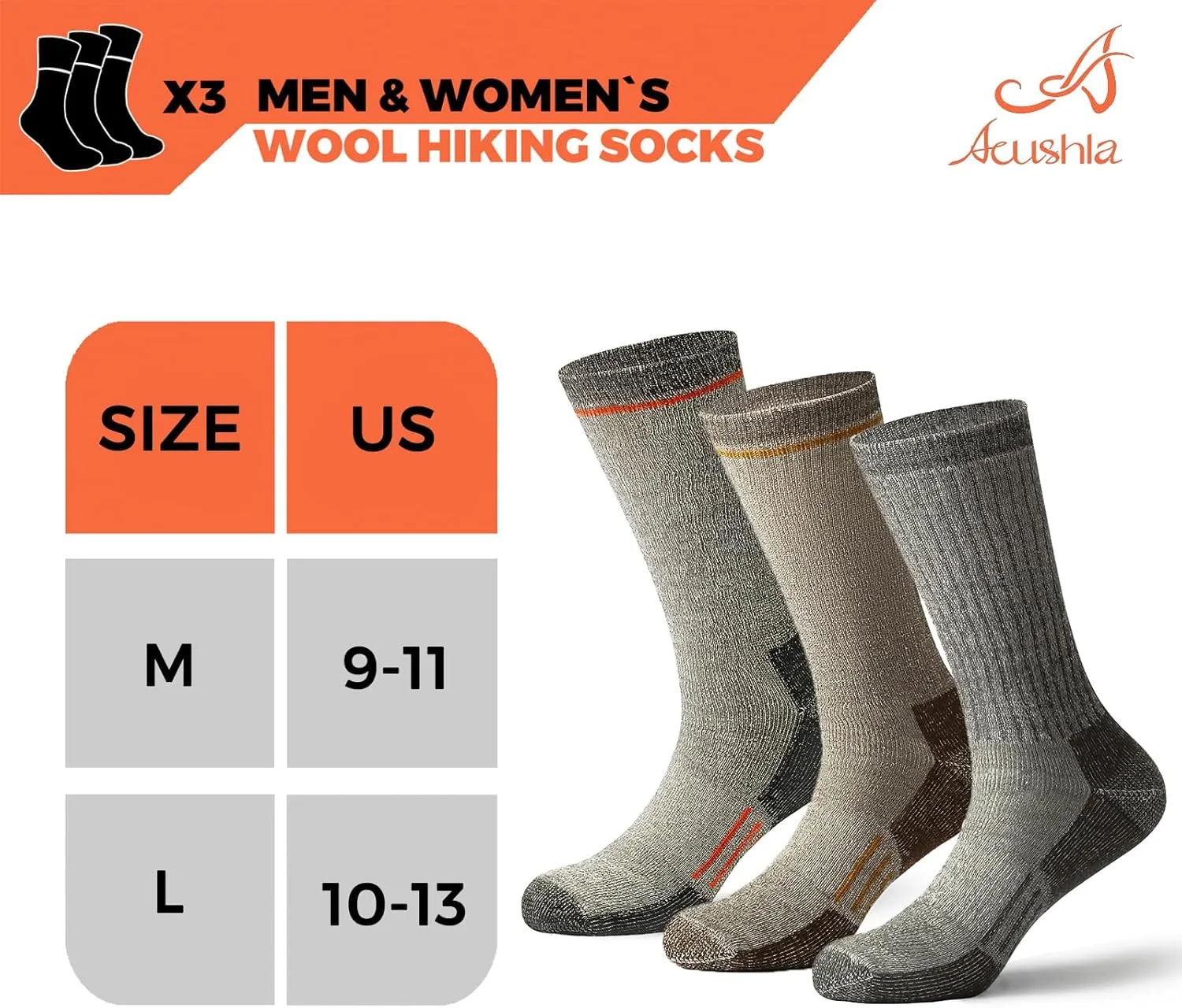 ACUSHLA Merino Wool Hiking Socks for Men & Women, Thick Warm Breathable Cushion Crew Socks Thermal Boot Socks, 3 Pairs
