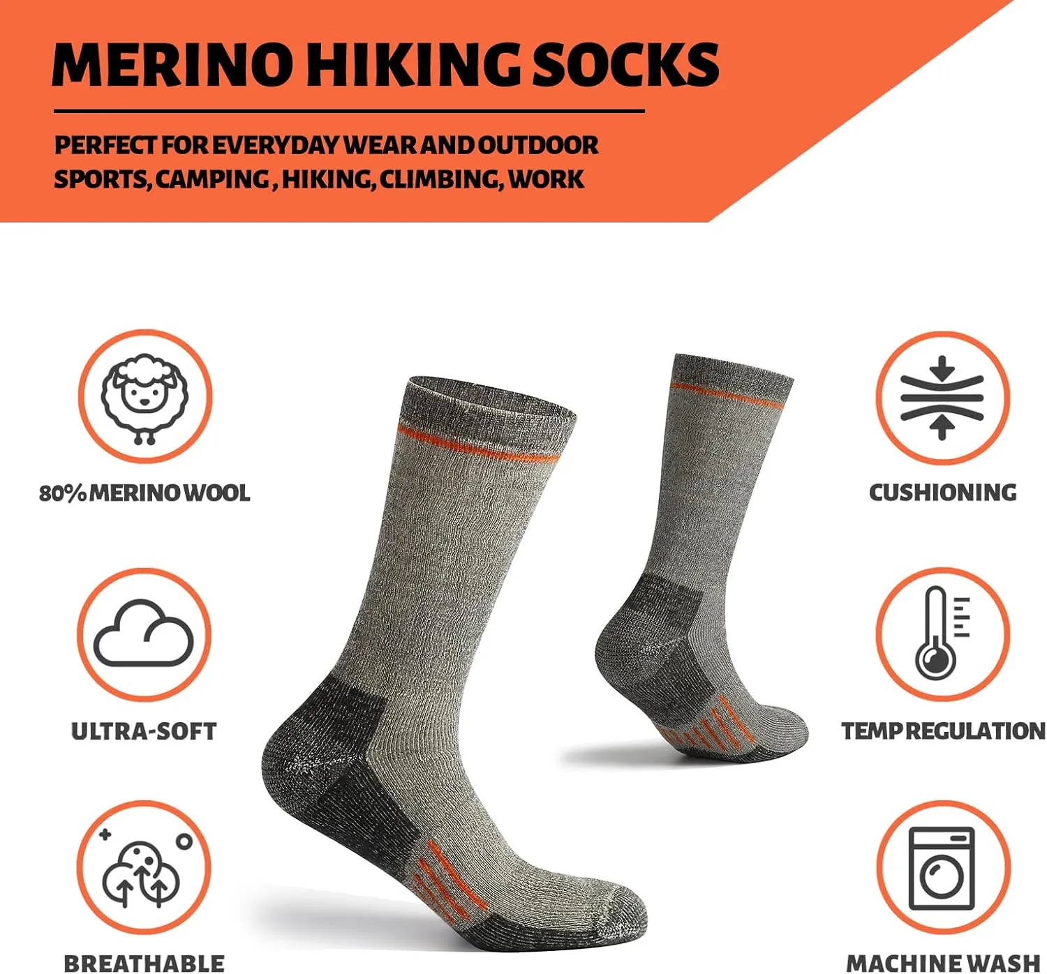 ACUSHLA Merino Wool Hiking Socks for Men & Women, Thick Warm Breathable Cushion Crew Socks Thermal Boot Socks, 3 Pairs
