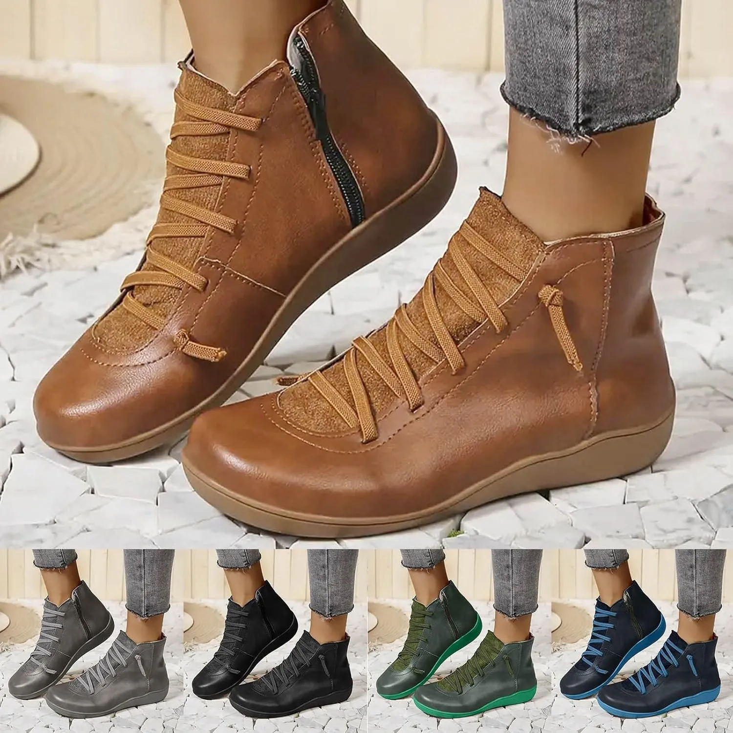 Ankle Boots for Women Low Heel Flat Boots Women Retro Solid Color Western Flat Casual Lace up Lightweight Non Slip