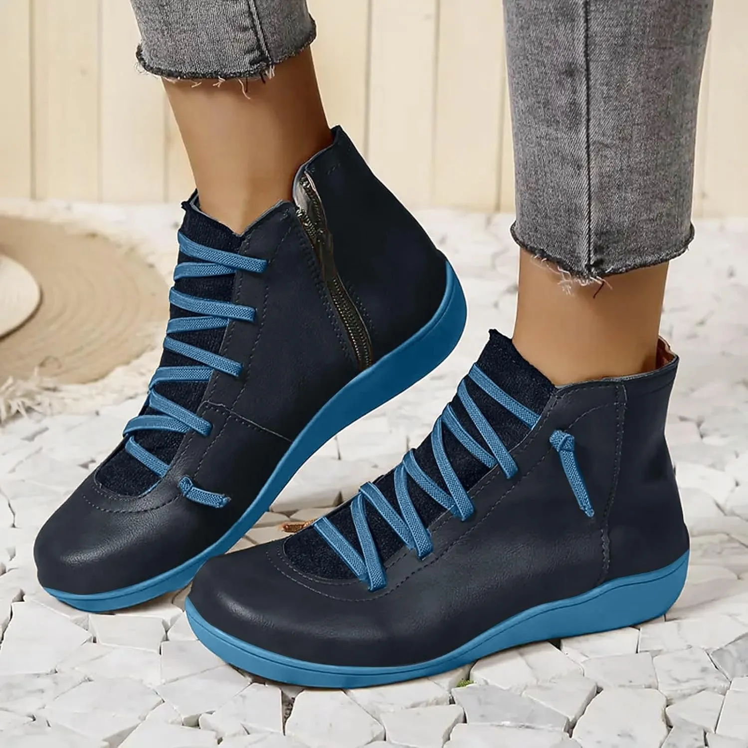 Ankle Boots for Women Low Heel Flat Boots Women Retro Solid Color Western Flat Casual Lace up Lightweight Non Slip