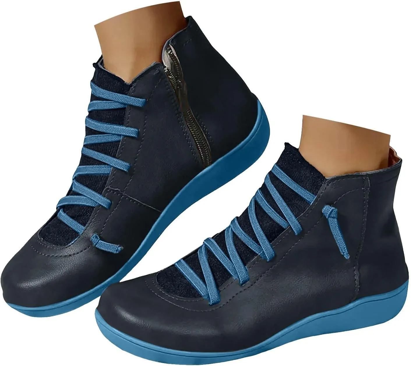 Ankle Boots for Women Low Heel Flat Boots Women Retro Solid Color Western Flat Casual Lace up Lightweight Non Slip