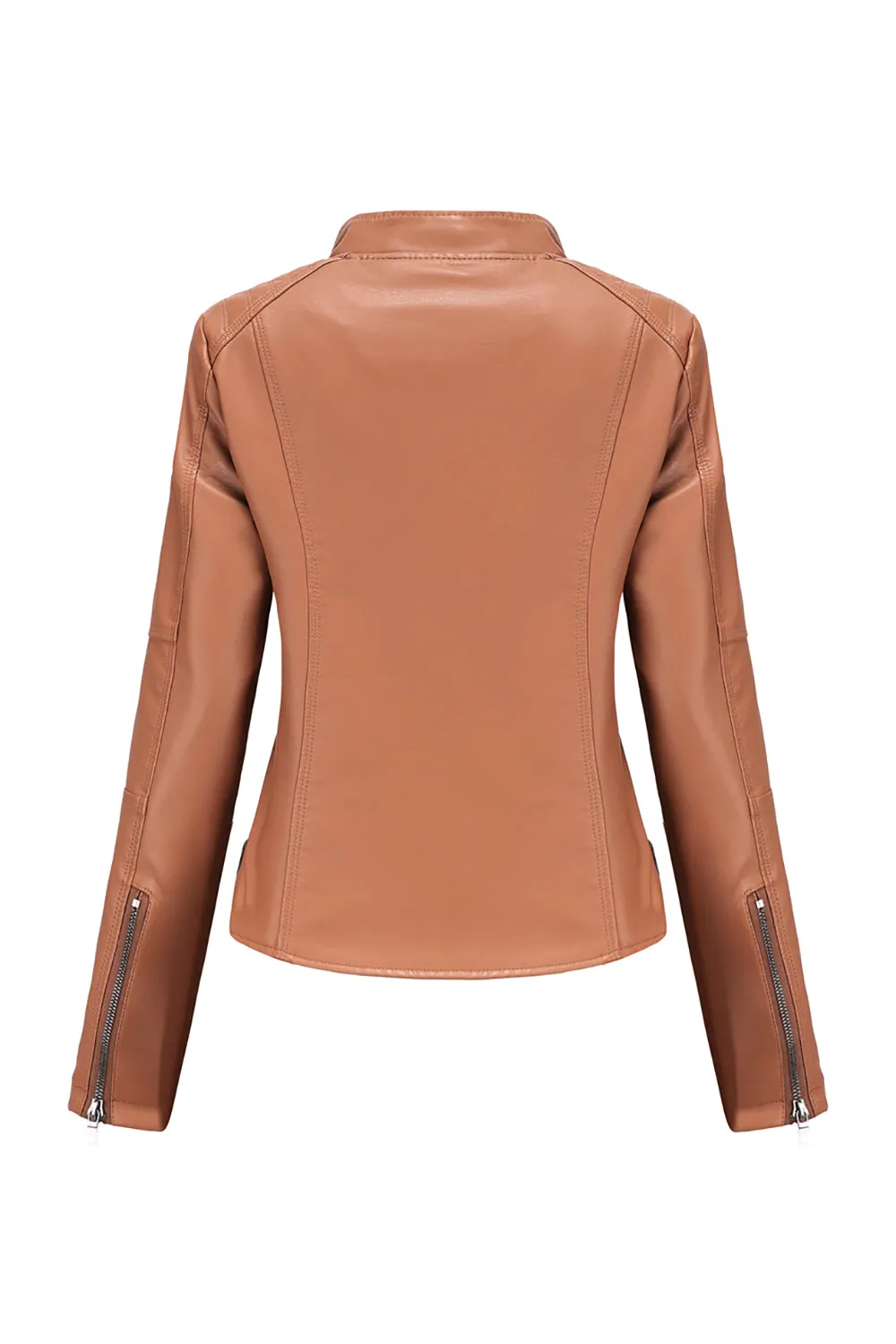 Black Zipper Front Fitted PU Women Jacket