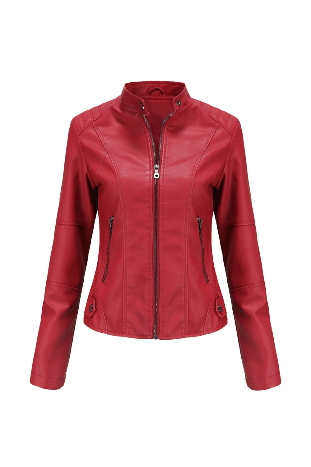 Black Zipper Front Fitted PU Women Jacket