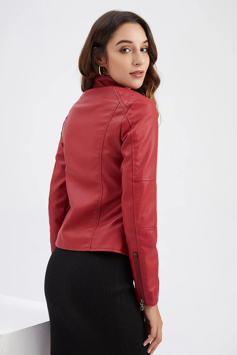 Black Zipper Front Fitted PU Women Jacket