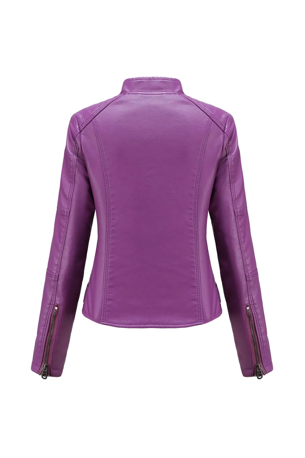 Black Zipper Front Fitted PU Women Jacket