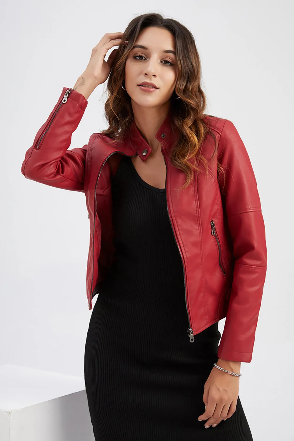Black Zipper Front Fitted PU Women Jacket