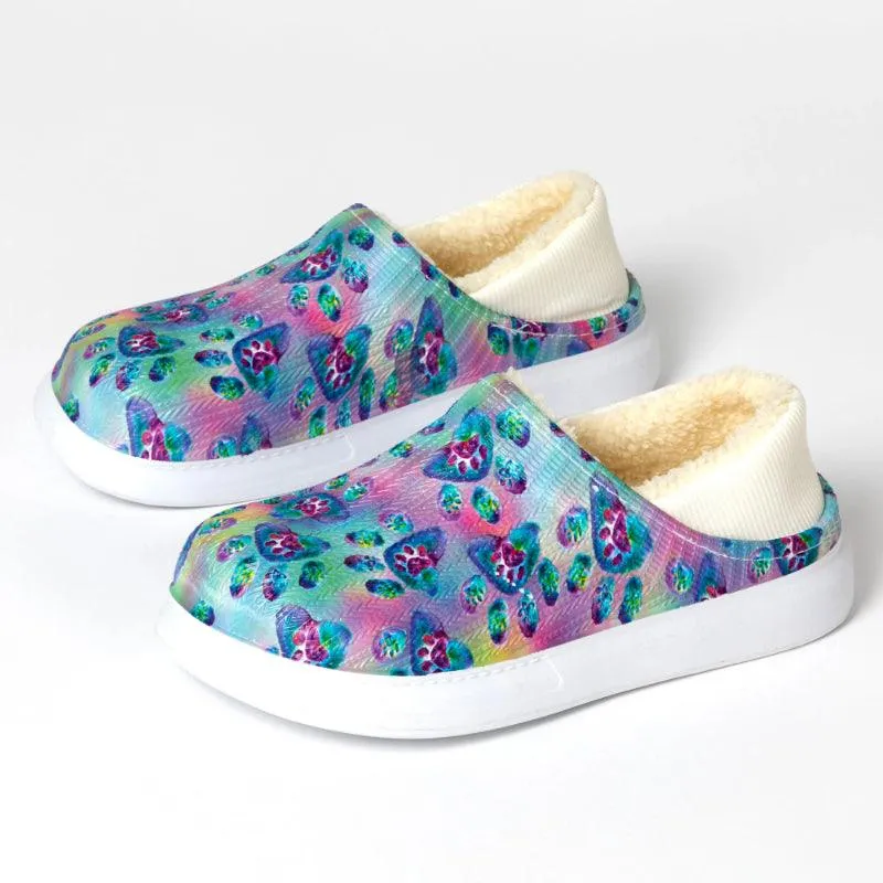 Floral Pattern Slip-On Clogs – Playful Style with Paw Print