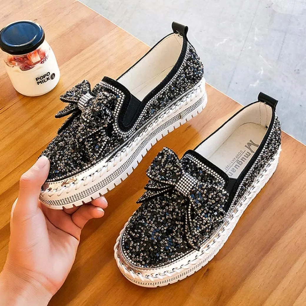 HINDOLA Women's Platform Rhinestones Glitter Sneaker Cute Bow Slip On Comfort Sequin Shiny Flat Loafers Casual Walking Shoes