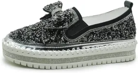 HINDOLA Women's Platform Rhinestones Glitter Sneaker Cute Bow Slip On Comfort Sequin Shiny Flat Loafers Casual Walking Shoes