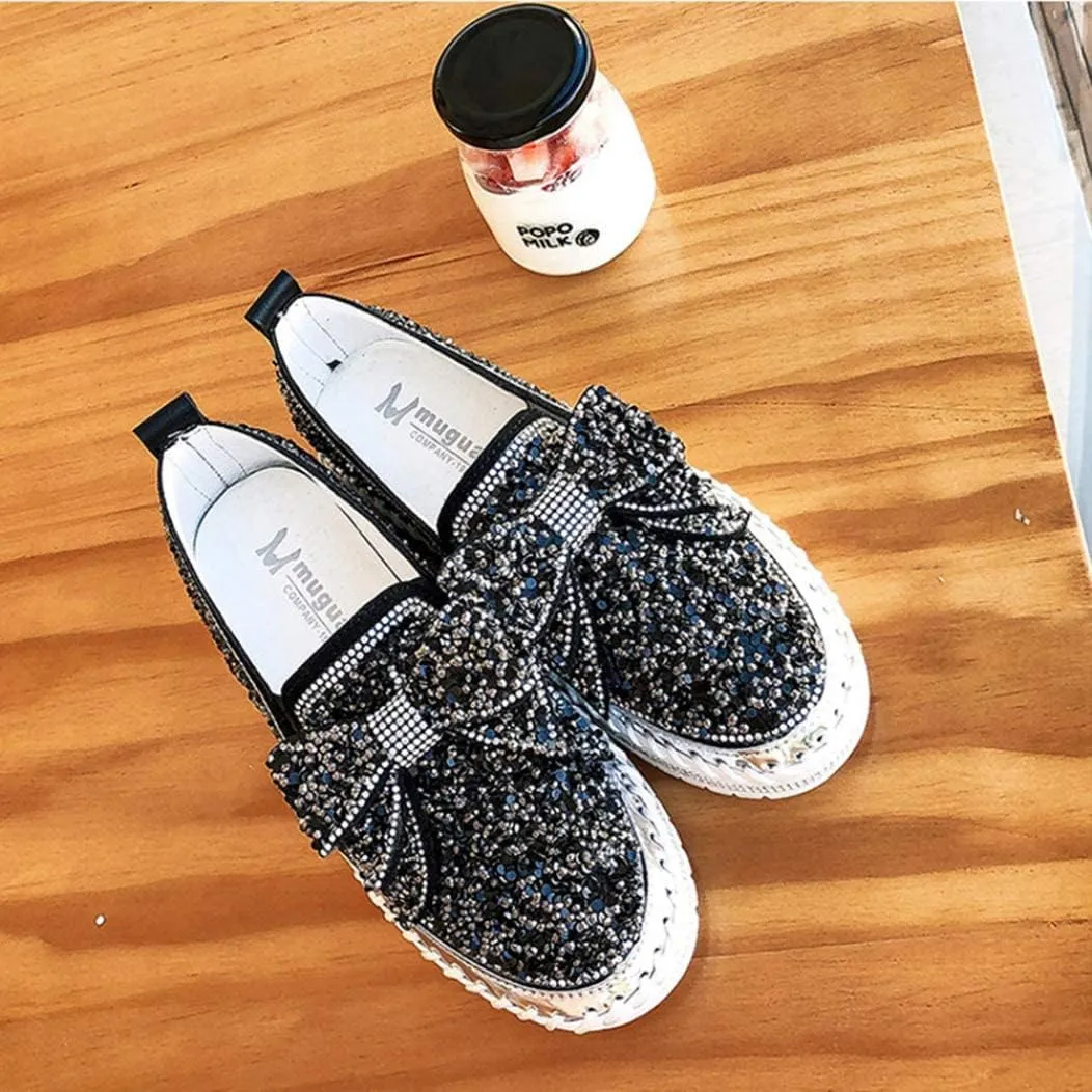 HINDOLA Women's Platform Rhinestones Glitter Sneaker Cute Bow Slip On Comfort Sequin Shiny Flat Loafers Casual Walking Shoes