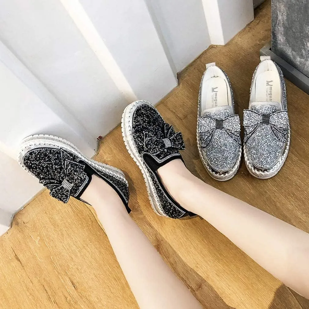 HINDOLA Women's Platform Rhinestones Glitter Sneaker Cute Bow Slip On Comfort Sequin Shiny Flat Loafers Casual Walking Shoes