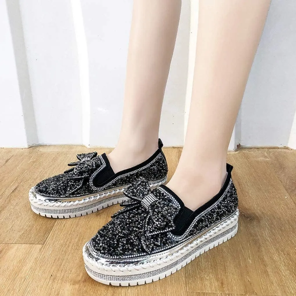 HINDOLA Women's Platform Rhinestones Glitter Sneaker Cute Bow Slip On Comfort Sequin Shiny Flat Loafers Casual Walking Shoes