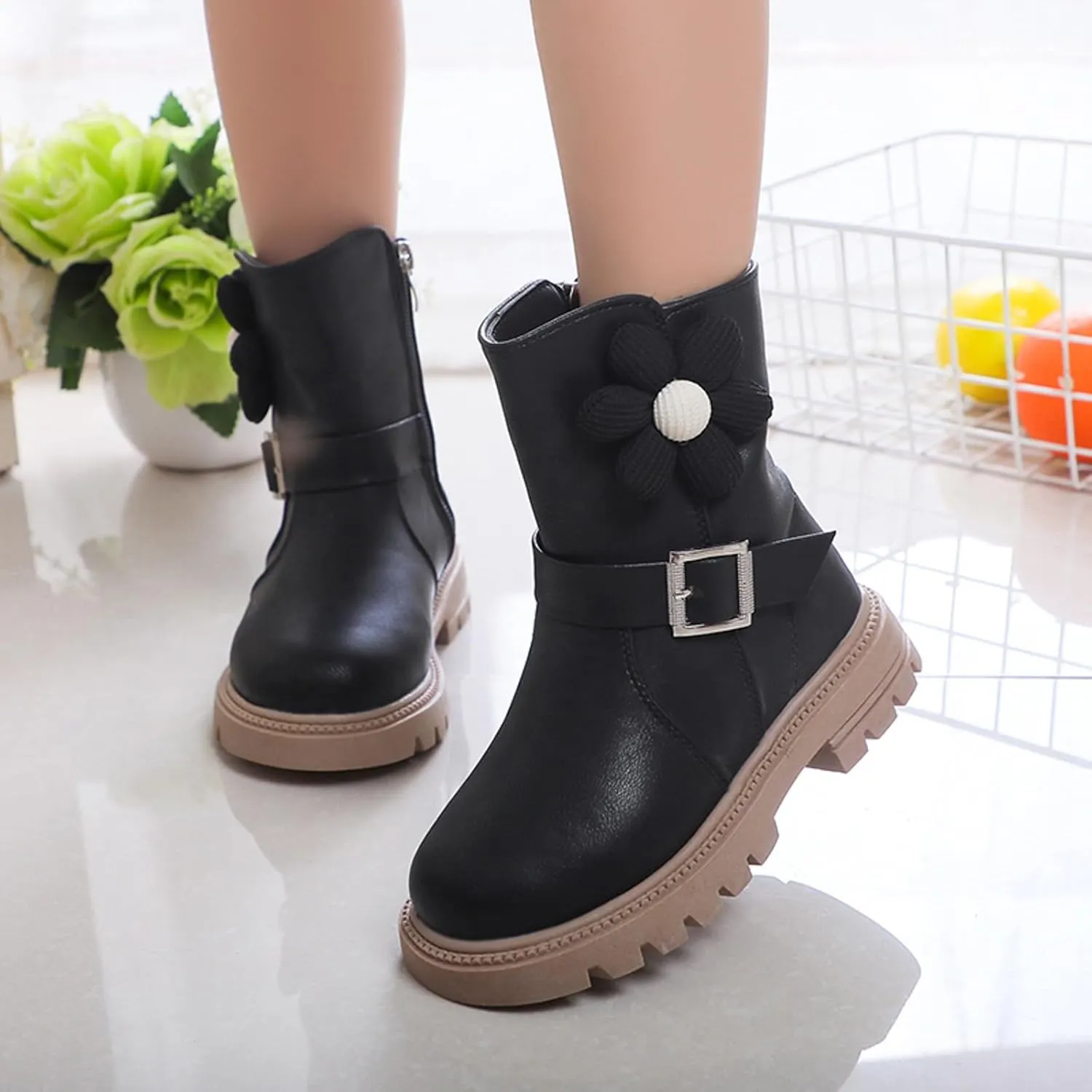Kids Ankle Boots for Girls Chunky Low Block Heel Short Dress Booties Kids Lightweight Hiking Shoes with Side Zipper