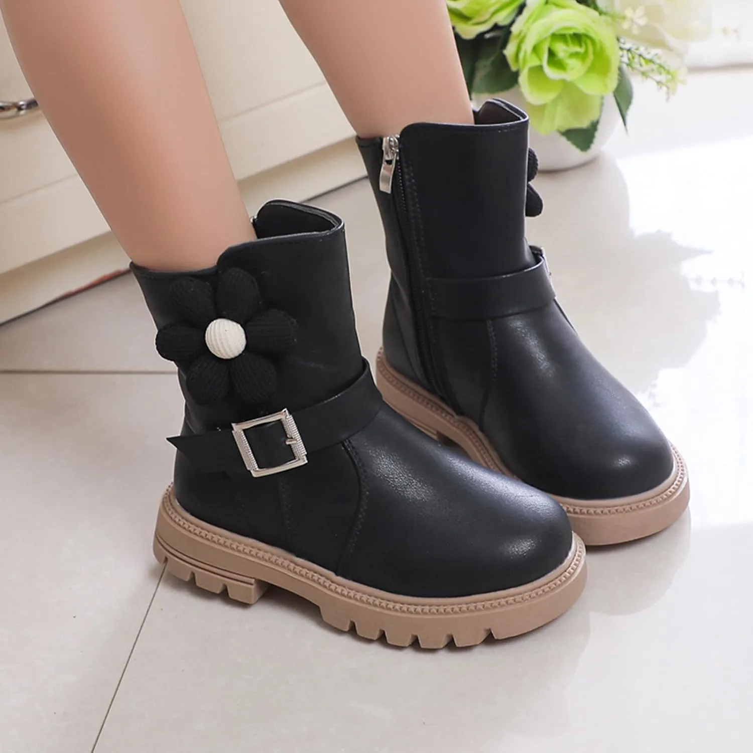 Kids Ankle Boots for Girls Chunky Low Block Heel Short Dress Booties Kids Lightweight Hiking Shoes with Side Zipper