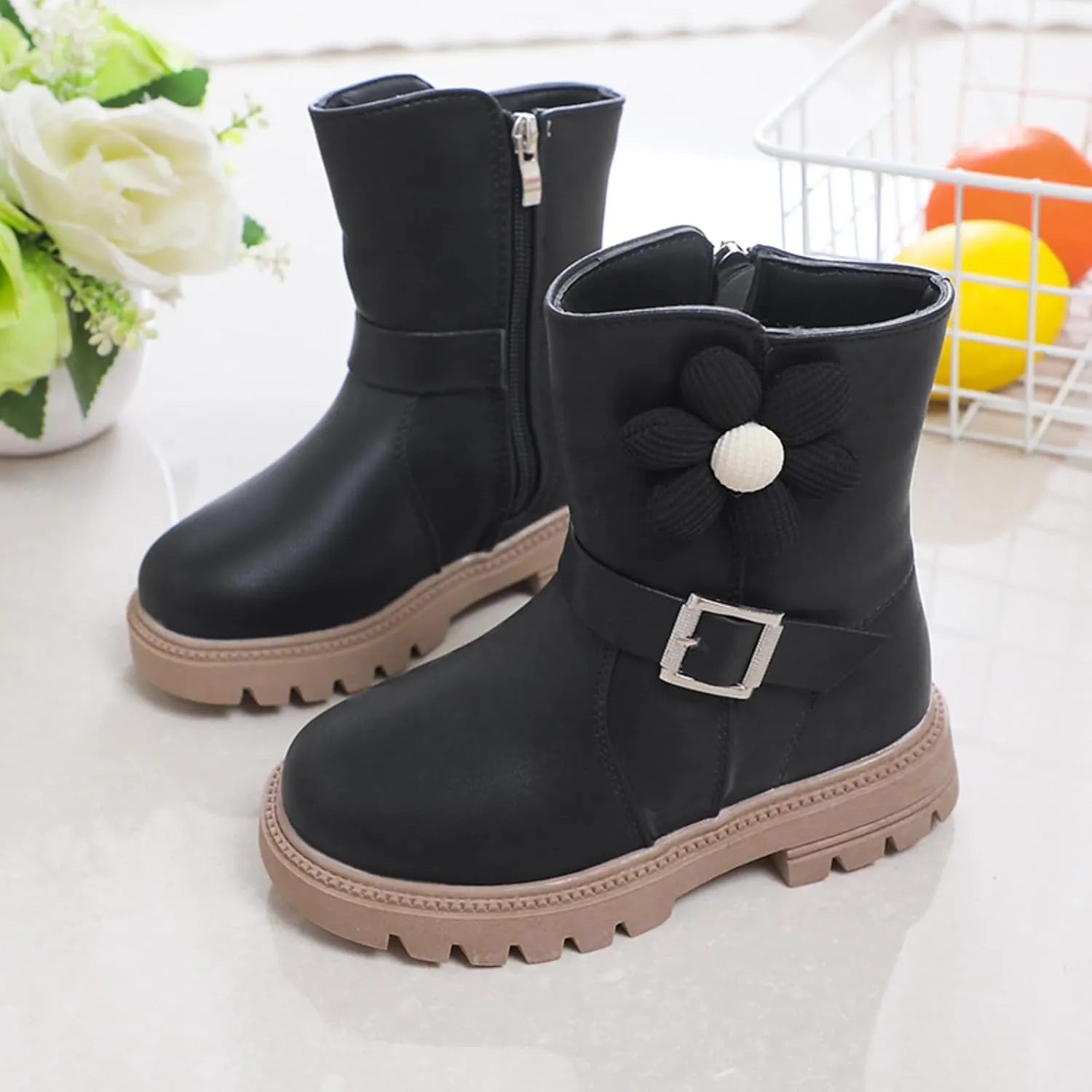 Kids Ankle Boots for Girls Chunky Low Block Heel Short Dress Booties Kids Lightweight Hiking Shoes with Side Zipper