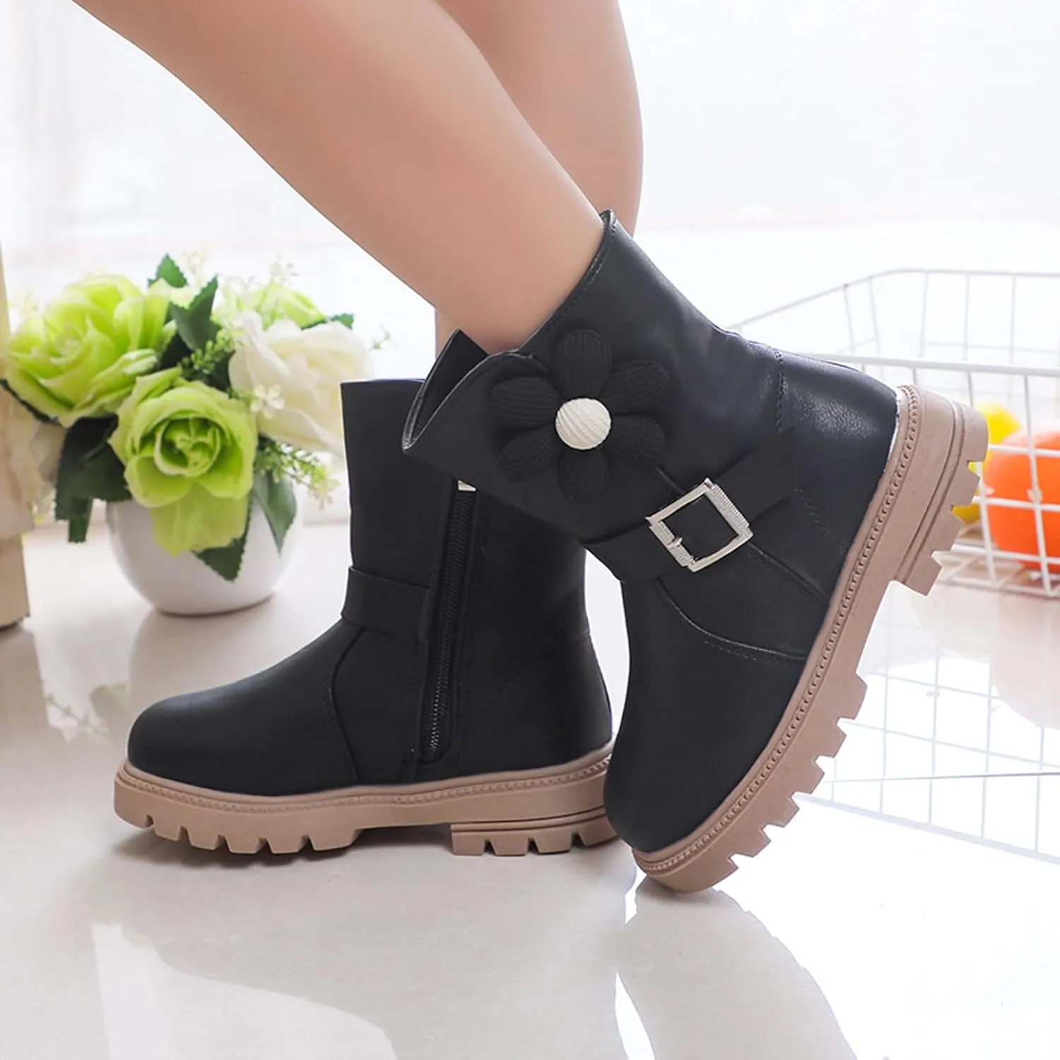 Kids Ankle Boots for Girls Chunky Low Block Heel Short Dress Booties Kids Lightweight Hiking Shoes with Side Zipper