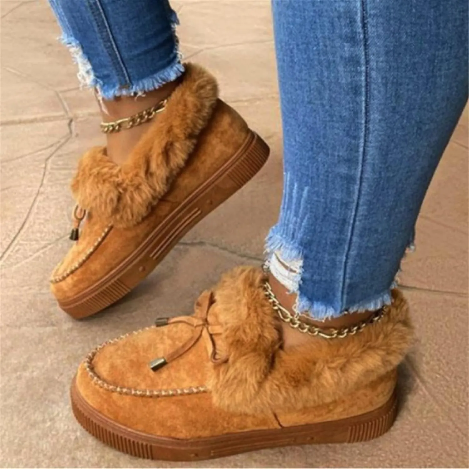 Ladmiple Boots For Women Ankle Booties Winter Warm Fur Lined Snow Boots Outdoor Short Booties Fashion Slip On Loafers Shoes