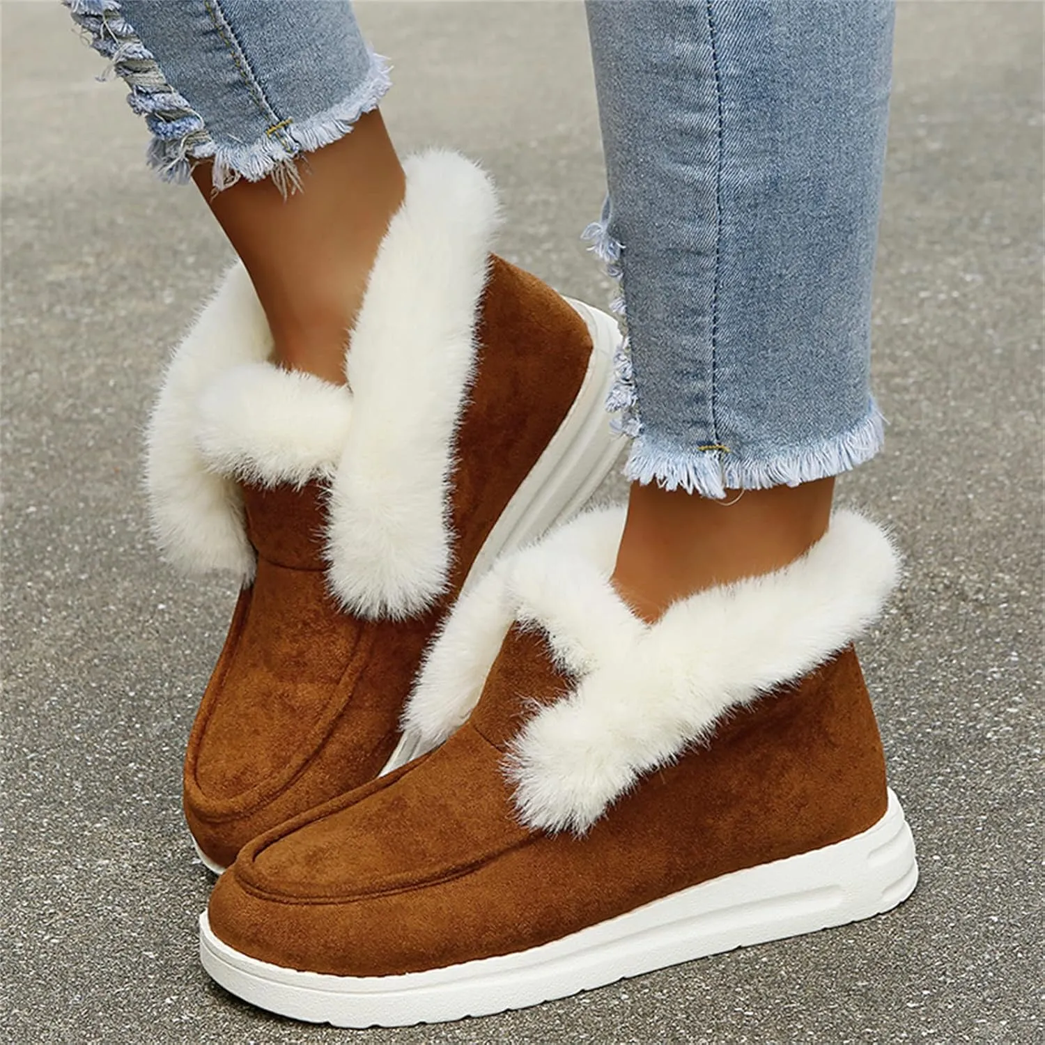 Ladmiple Snow Boots For Women 2023 Trendy Warm Fur Lined Winter Outdoor Short Ankle Booties Slip On Fashion Walking Shoes