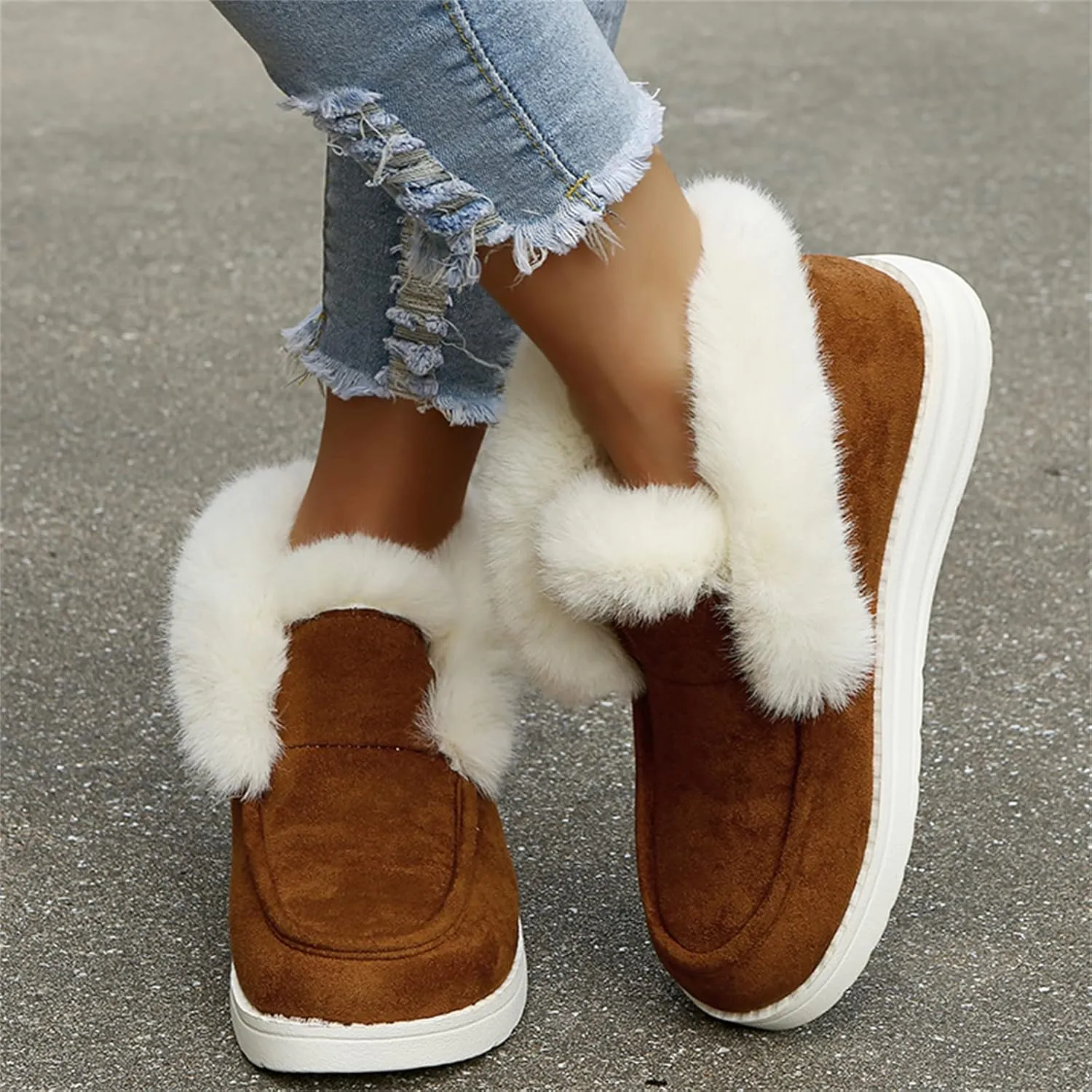 Ladmiple Snow Boots For Women 2023 Trendy Warm Fur Lined Winter Outdoor Short Ankle Booties Slip On Fashion Walking Shoes