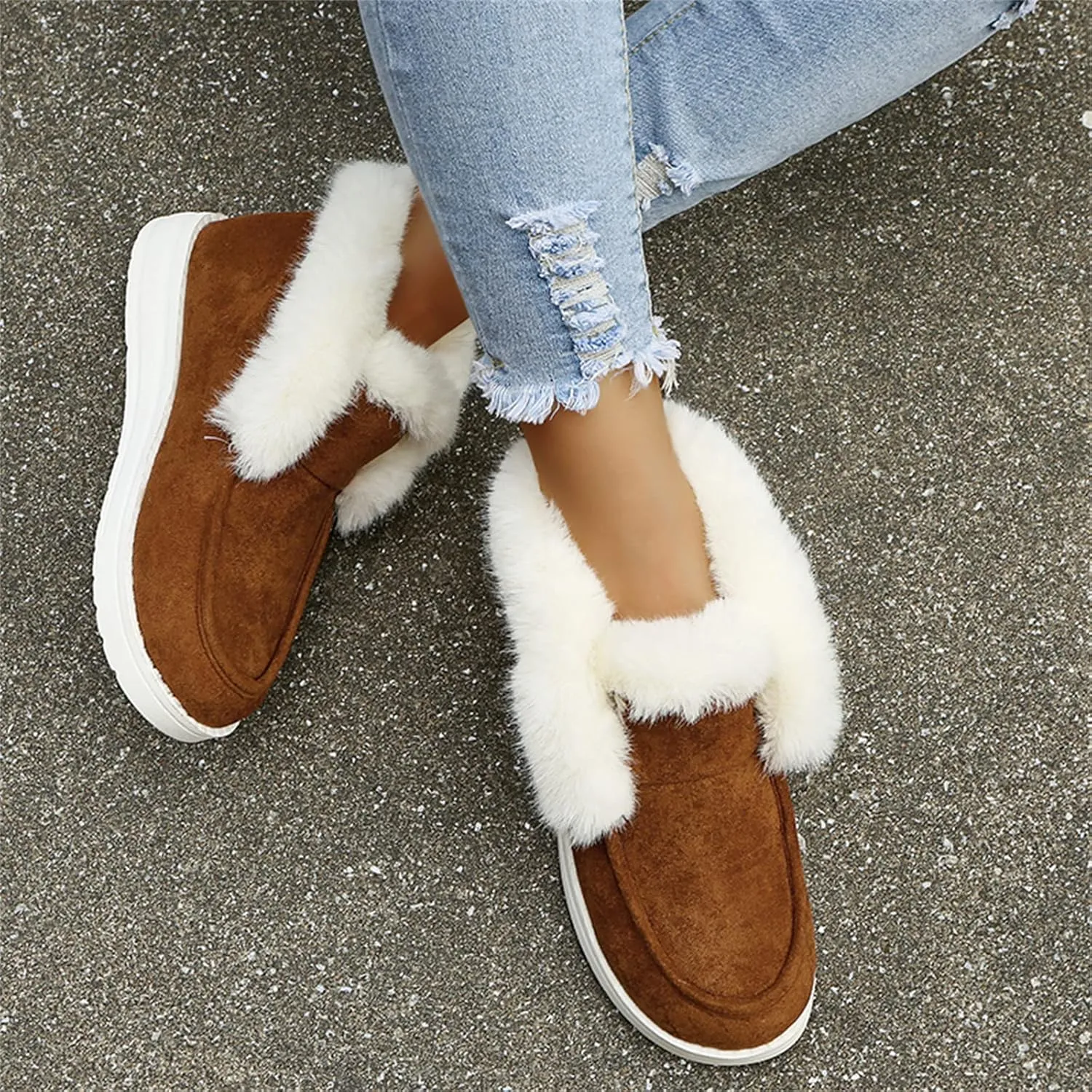 Ladmiple Snow Boots For Women 2023 Trendy Warm Fur Lined Winter Outdoor Short Ankle Booties Slip On Fashion Walking Shoes
