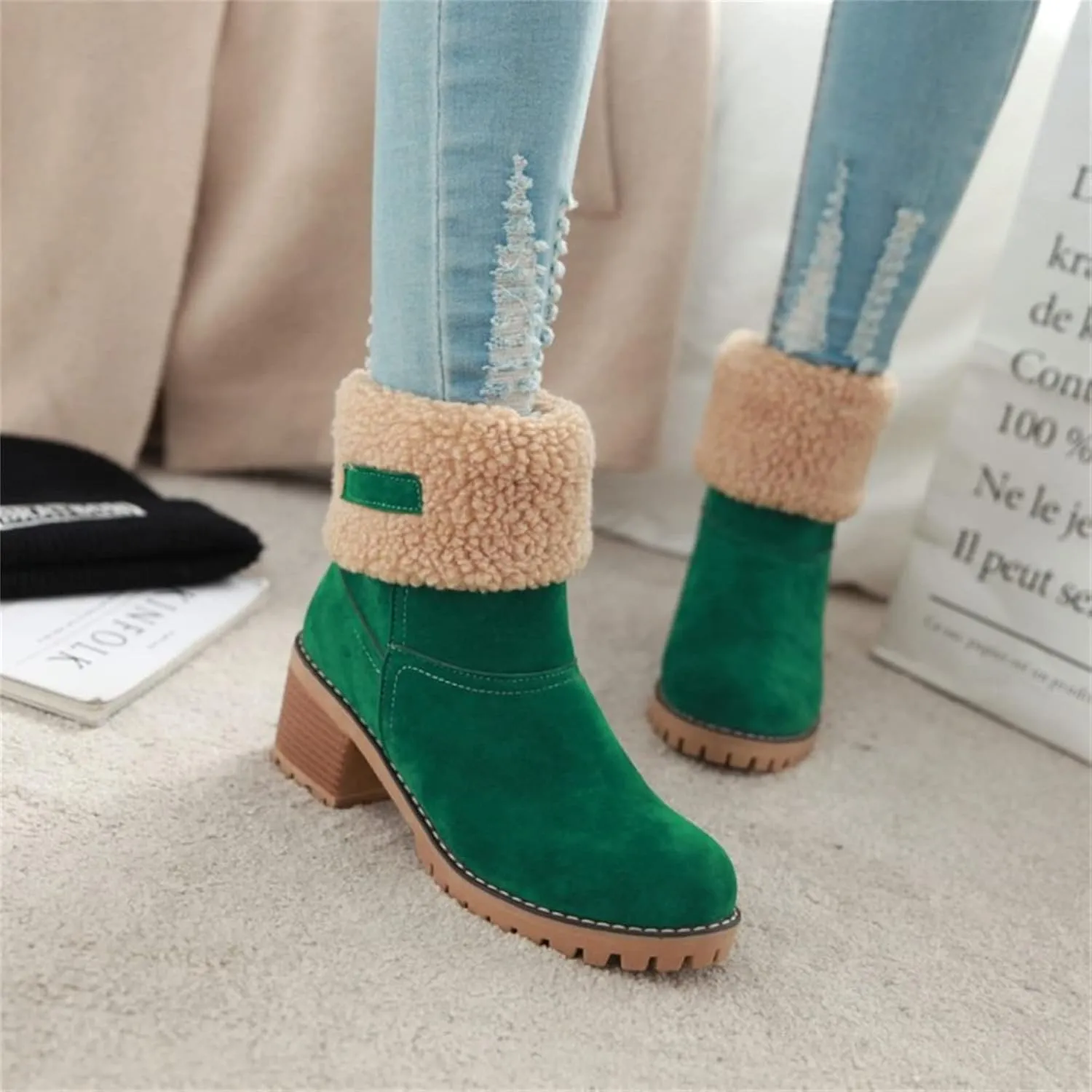 Ladmiple Snow Boots For Women Tall Mid Calf Warm Fur Lined Winter Boots Outdoor Slip On Comfortable Fashion Walking Shoes