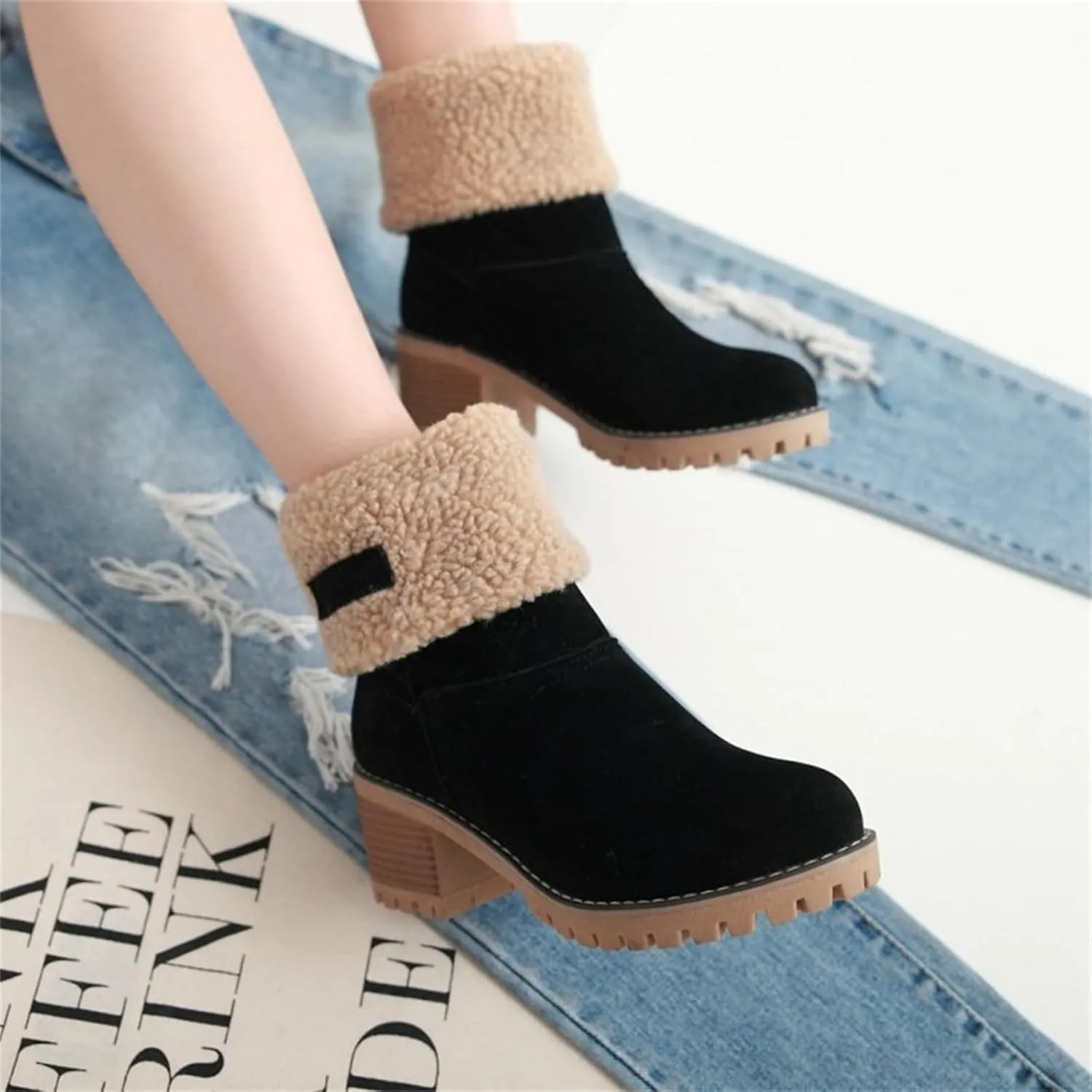 Ladmiple Snow Boots For Women Tall Mid Calf Warm Fur Lined Winter Boots Outdoor Slip On Comfortable Fashion Walking Shoes
