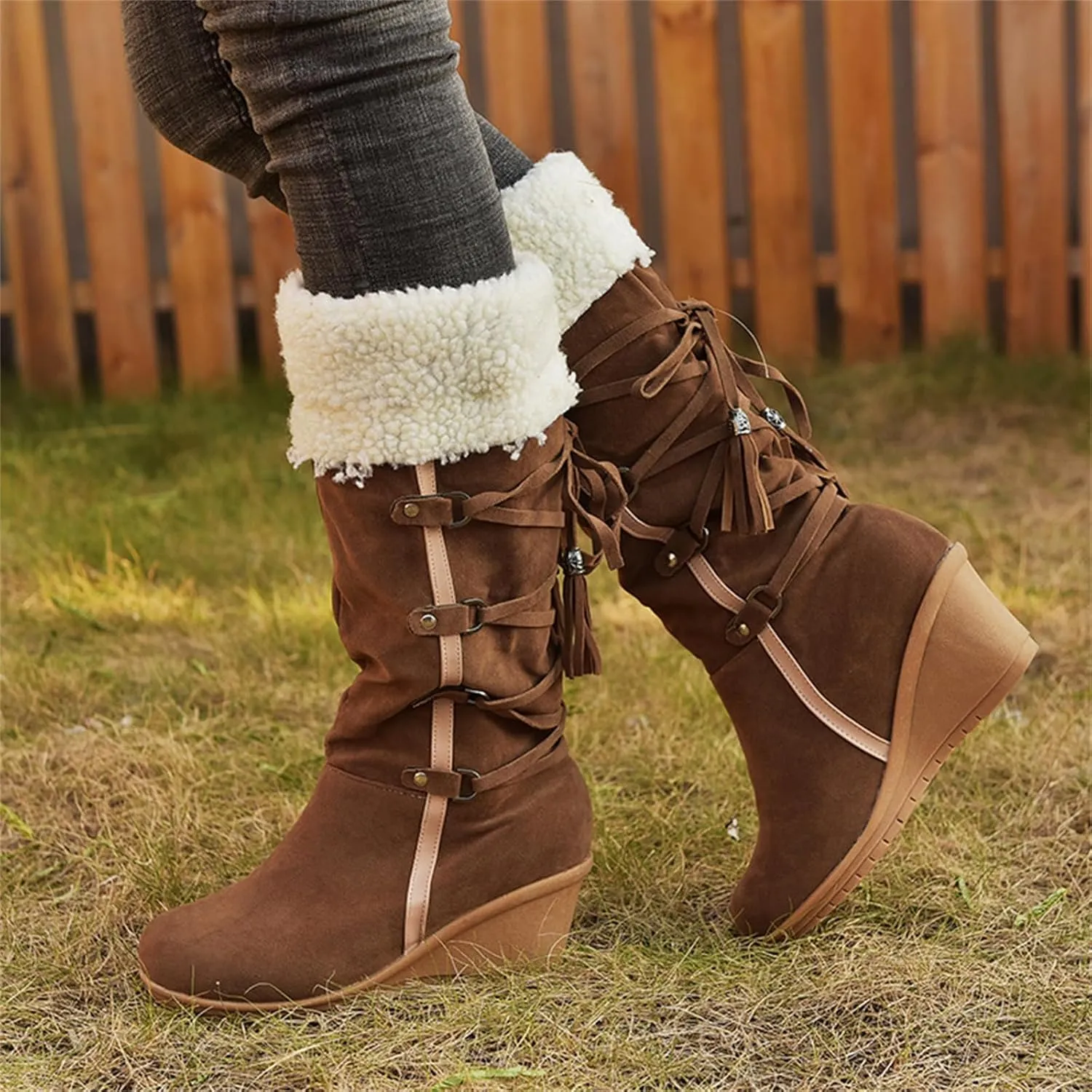 Ladmiple Snow Boots For Women Tall Mid Calf Winter Warm Outdoor Fur Lined Comfortable Fashion Casual Walking Shoes