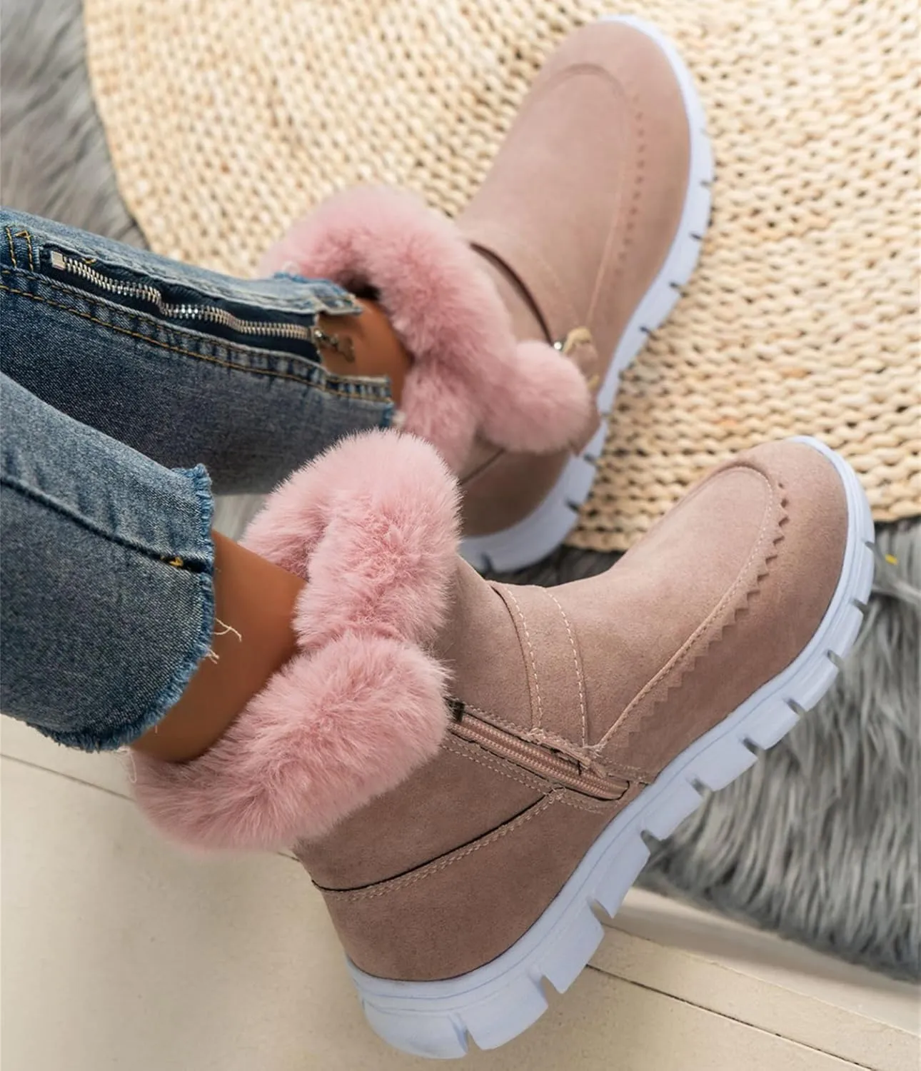Lausiuoe Boots For Women Ankle Booties Warm Fur Lined Snow Winter Boots Comfortable Short Booties Casual Trendy Loafers Shoes