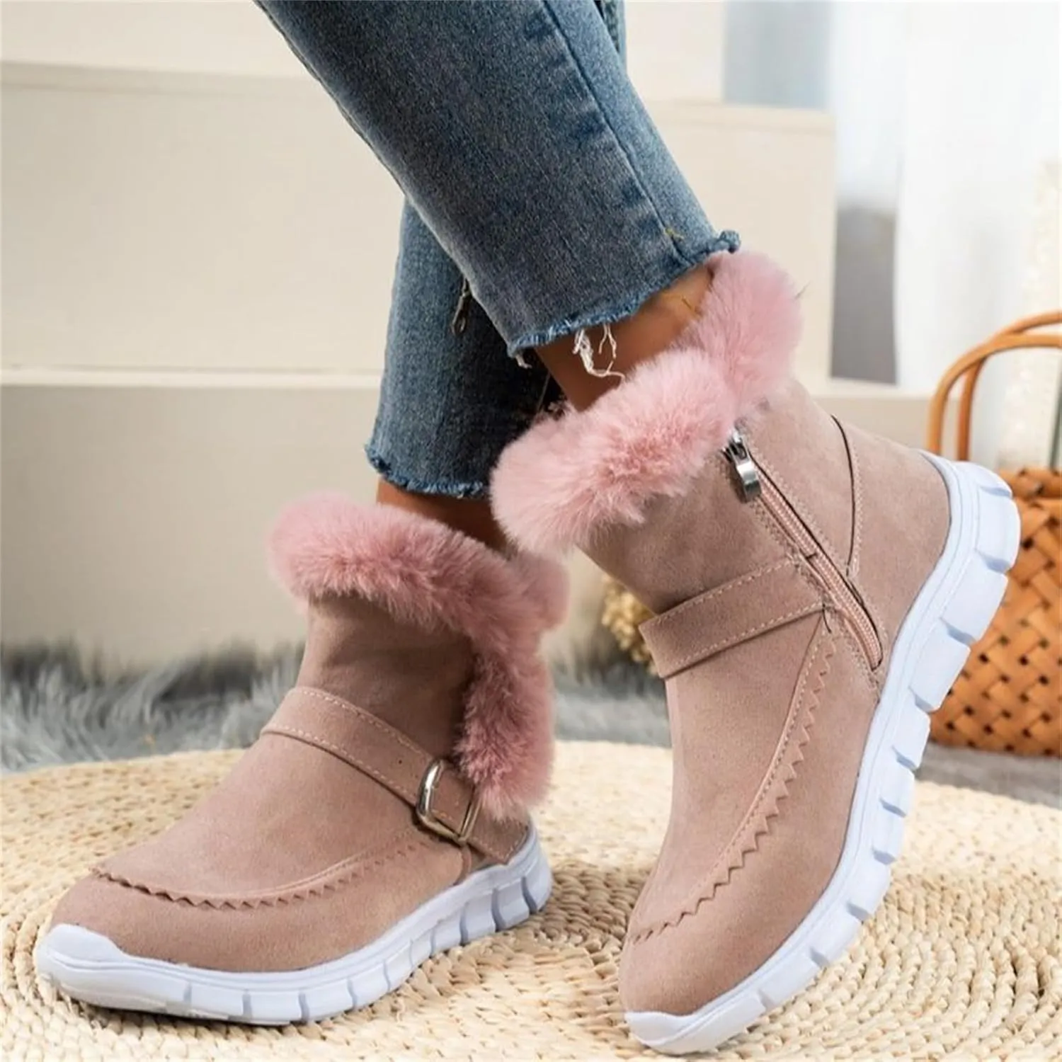 Lausiuoe Boots For Women Ankle Booties With Fur Lined Snow Winter Boots Classic Slip On Comfortable Warm Casual Loafers Shoes