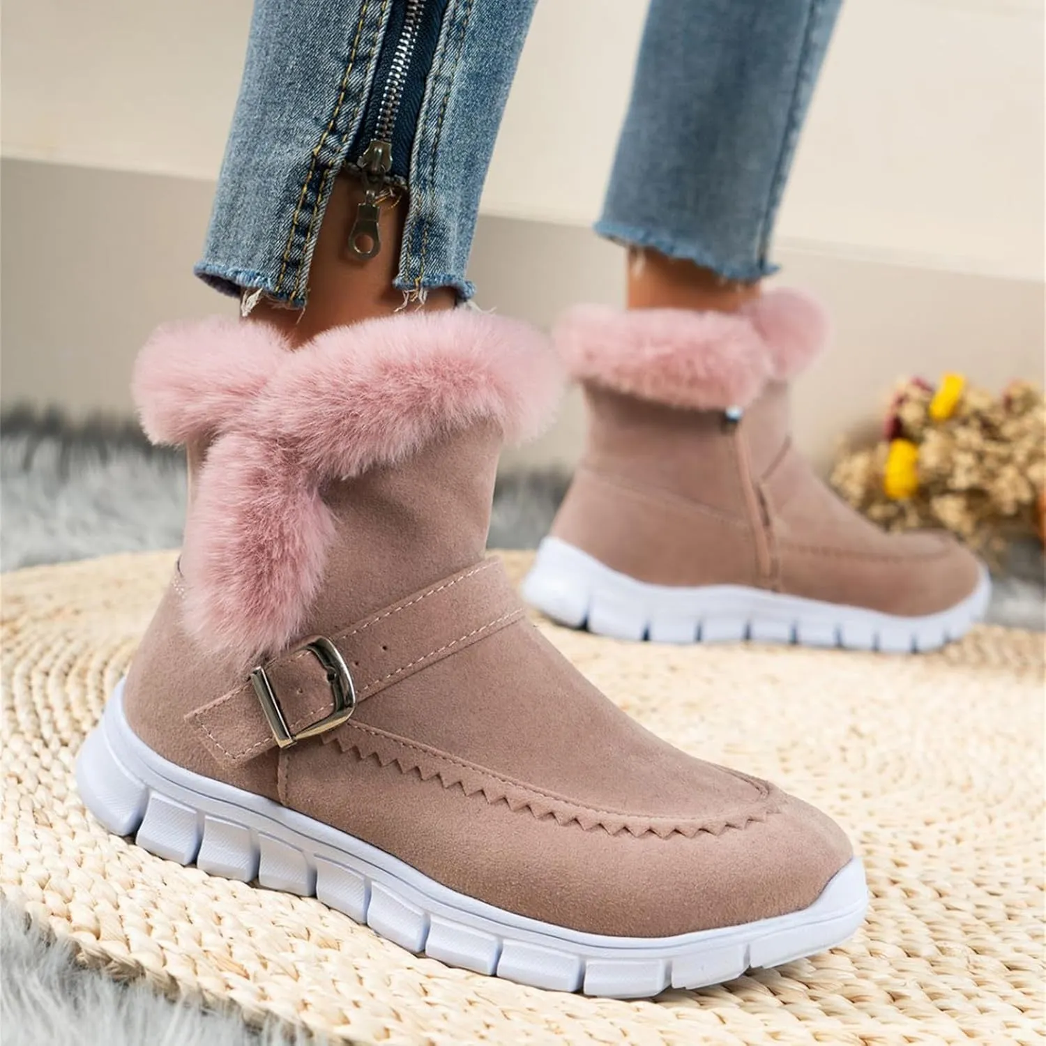 Lausiuoe Boots For Women Ankle Booties With Fur Lined Snow Winter Boots Classic Slip On Comfortable Warm Casual Loafers Shoes
