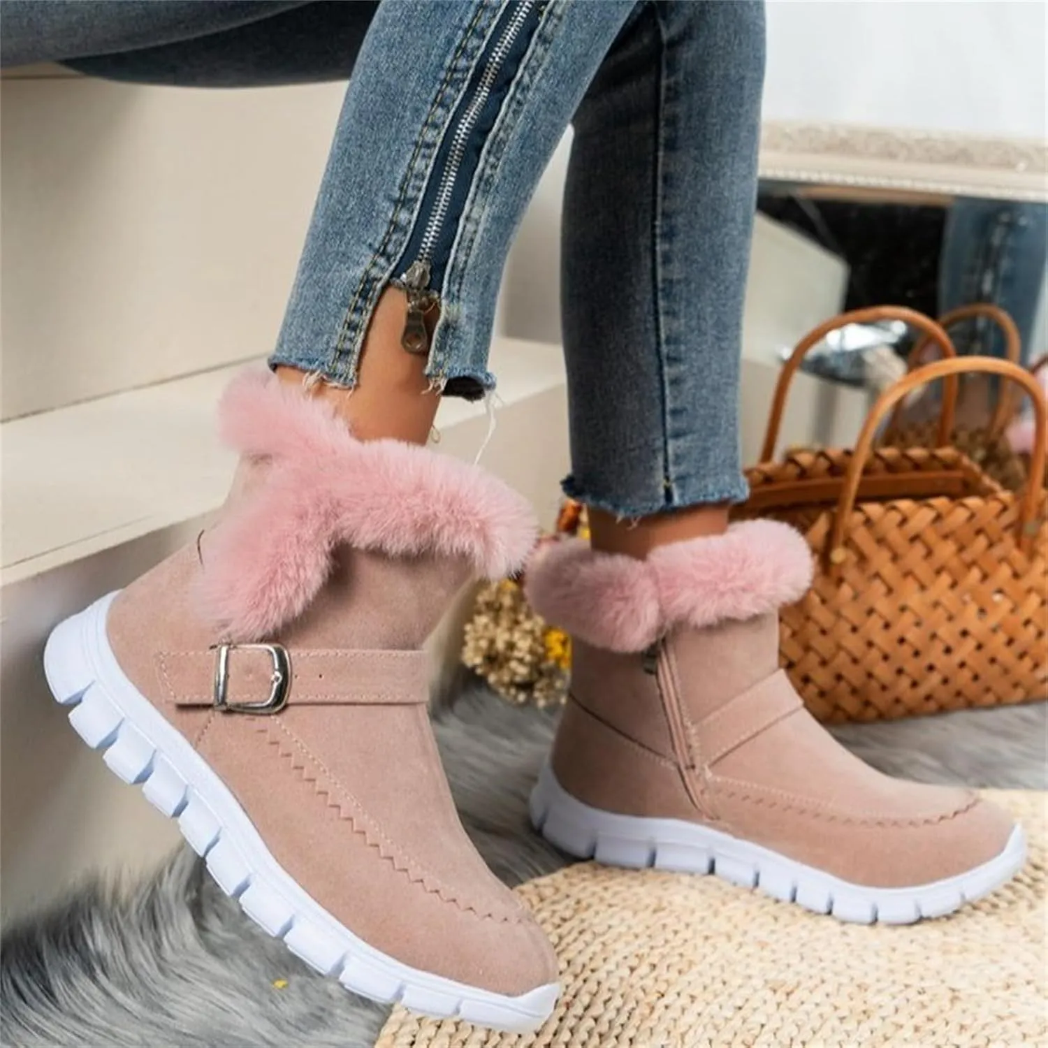 Lausiuoe Boots For Women Ankle Booties With Fur Lined Snow Winter Boots Classic Slip On Comfortable Warm Casual Loafers Shoes