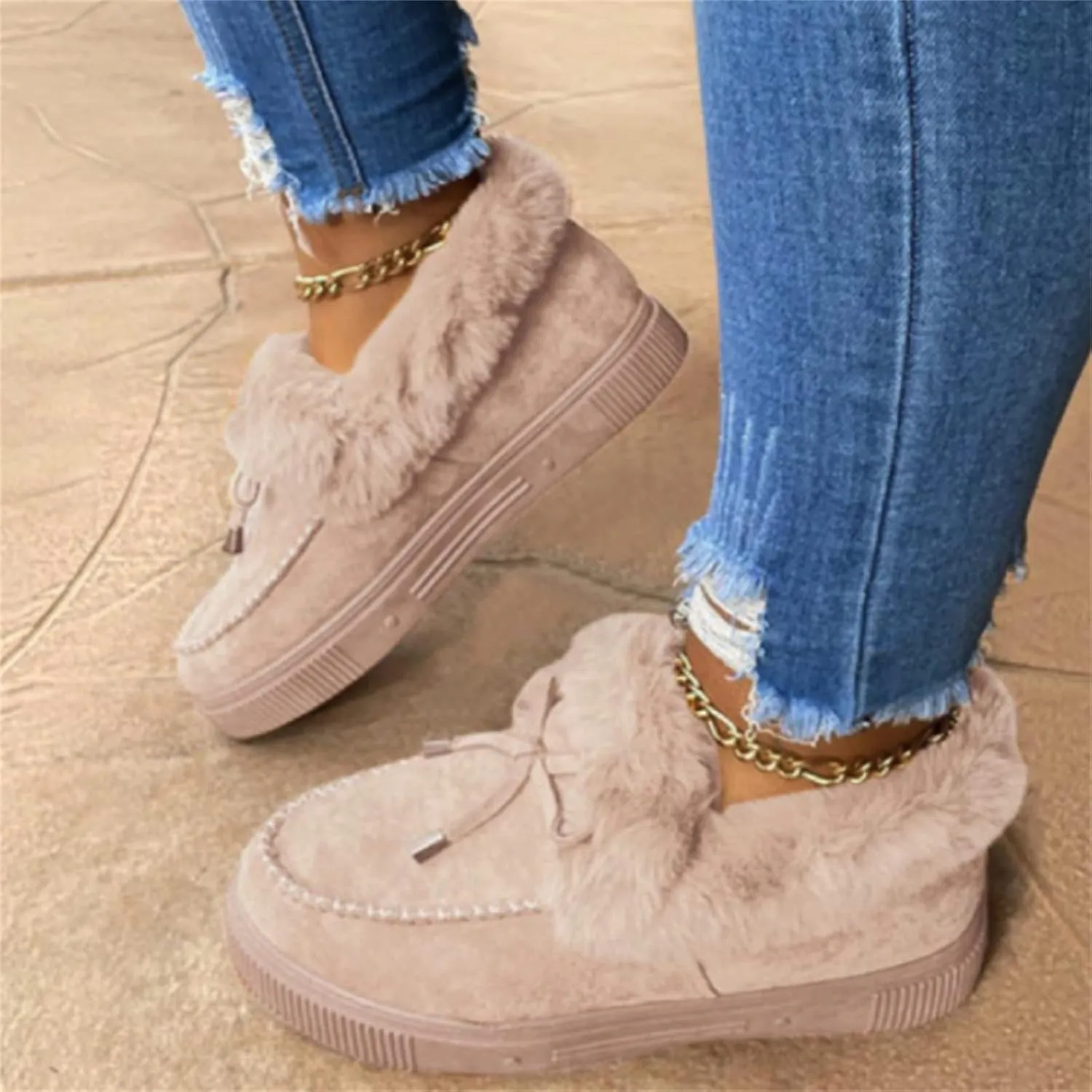 Lausiuoe Winter Fashion Boots For Women 2024 Ankle Boot Slip On Comfortable Snow Fuzzy Booties Casual Fur Lined Loafers Shoes