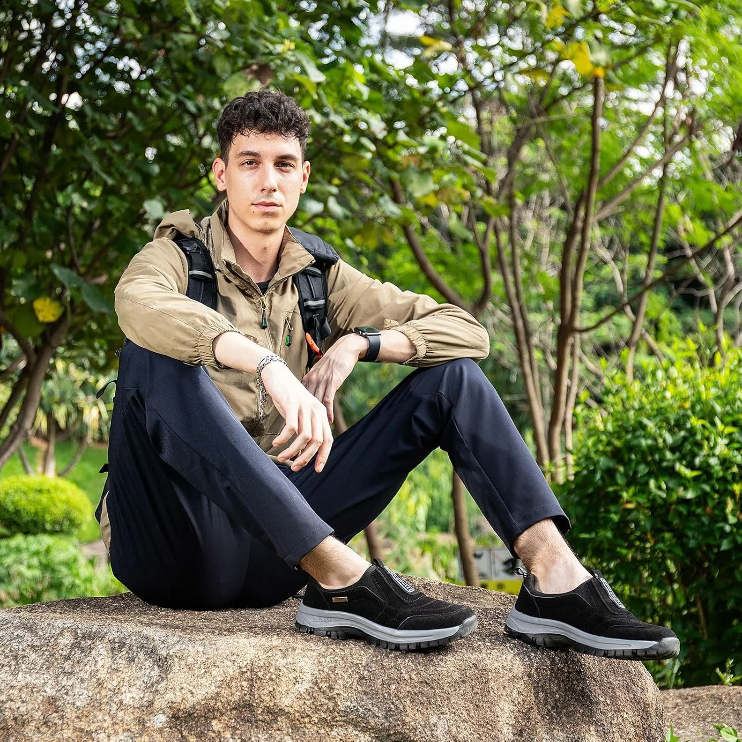 Mens Hands Free Slip in Loafers Walking Slip on Leather Casual Comfortable Hiking Shoes All-Terrain Trekking Hiking Shoes Walking Shoes for Men