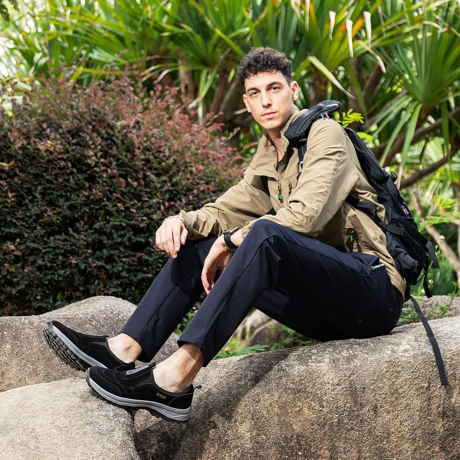 Mens Hands Free Slip in Loafers Walking Slip on Leather Casual Comfortable Hiking Shoes All-Terrain Trekking Hiking Shoes Walking Shoes for Men