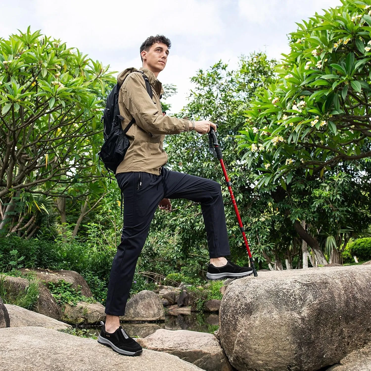 Mens Hands Free Slip in Loafers Walking Slip on Leather Casual Comfortable Hiking Shoes All-Terrain Trekking Hiking Shoes Walking Shoes for Men