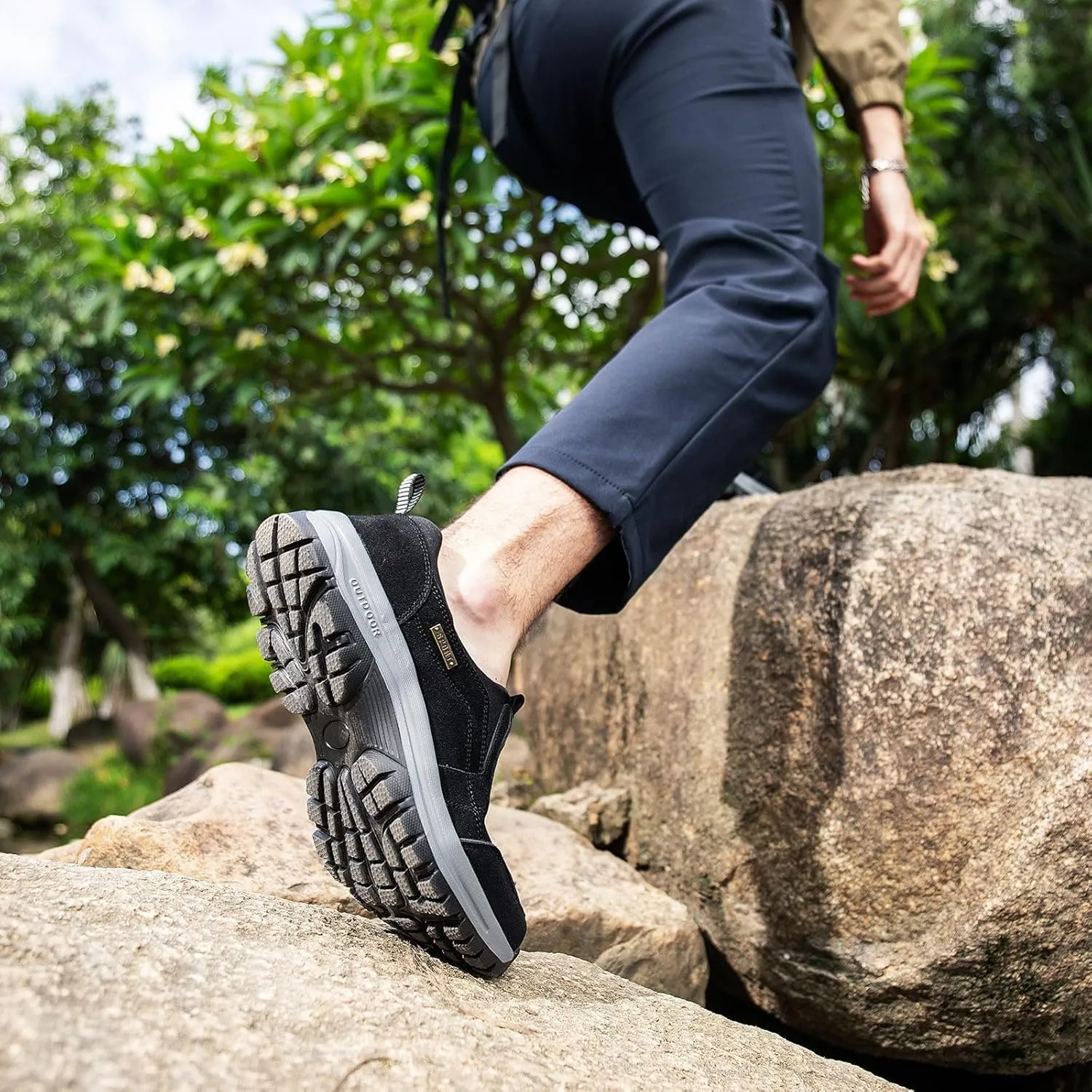 Mens Hands Free Slip in Loafers Walking Slip on Leather Casual Comfortable Hiking Shoes All-Terrain Trekking Hiking Shoes Walking Shoes for Men