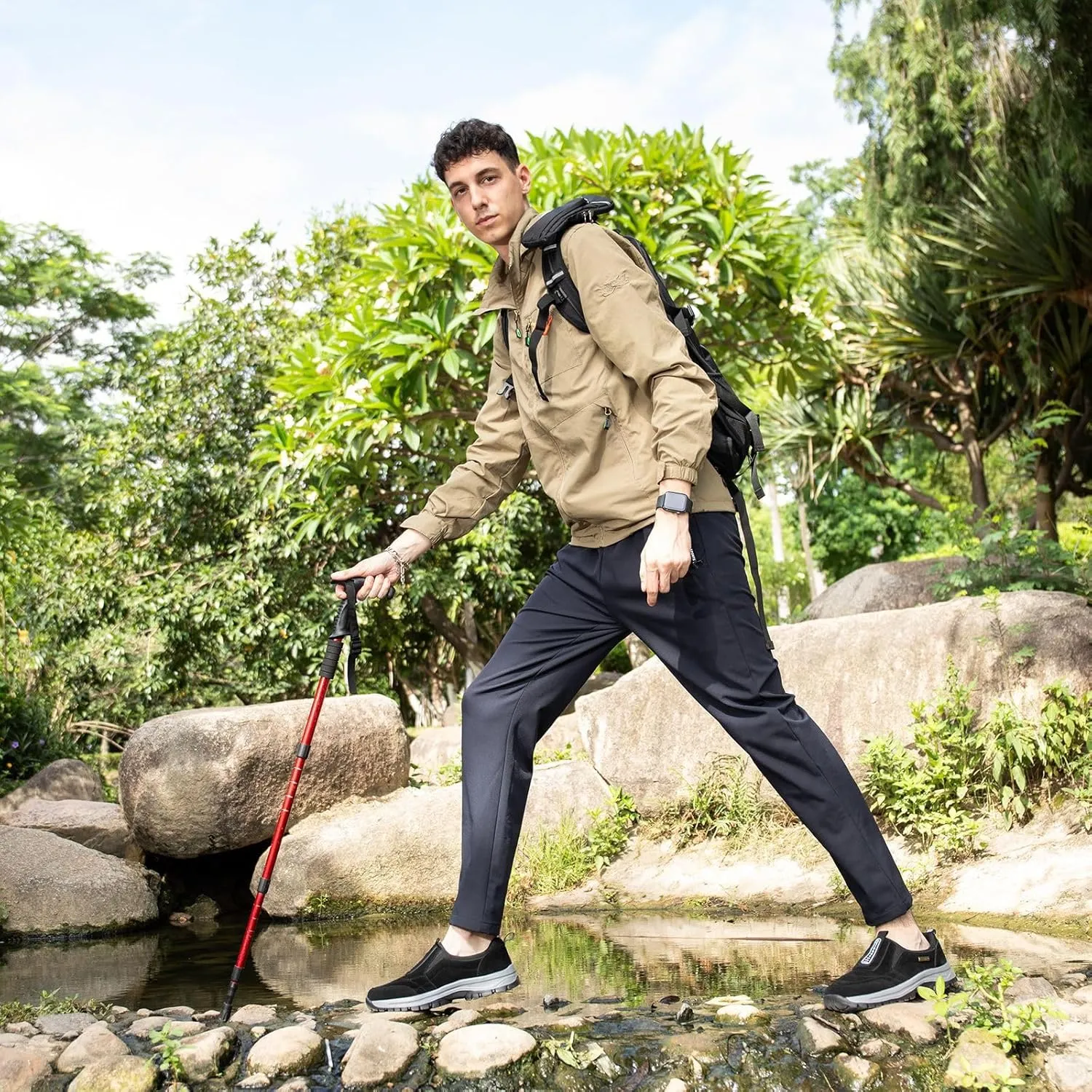 Mens Hands Free Slip in Loafers Walking Slip on Leather Casual Comfortable Hiking Shoes All-Terrain Trekking Hiking Shoes Walking Shoes for Men