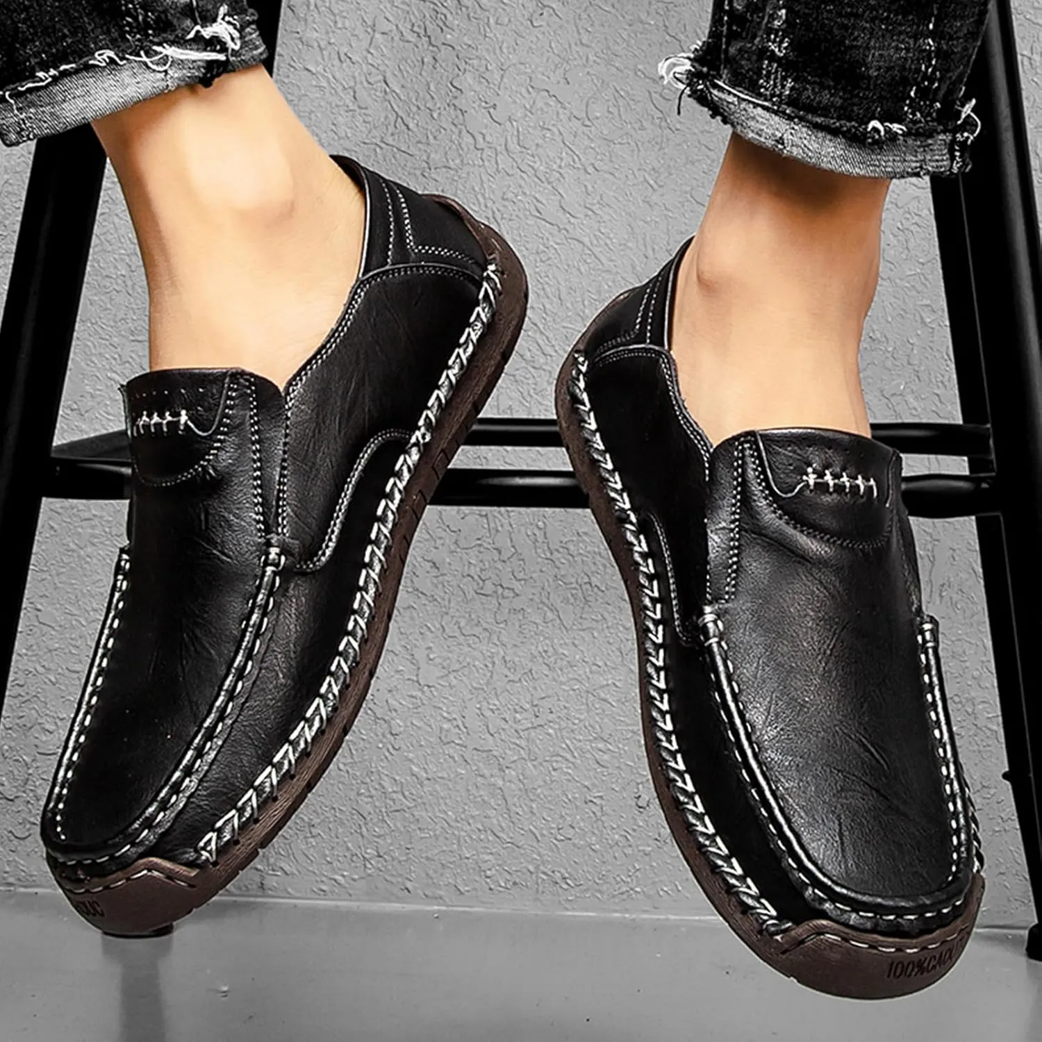 Men's Loafers Slip-On Casual Leather Outdoors Dress Shoes Lightweight Comfortable Driving Walking Shoes