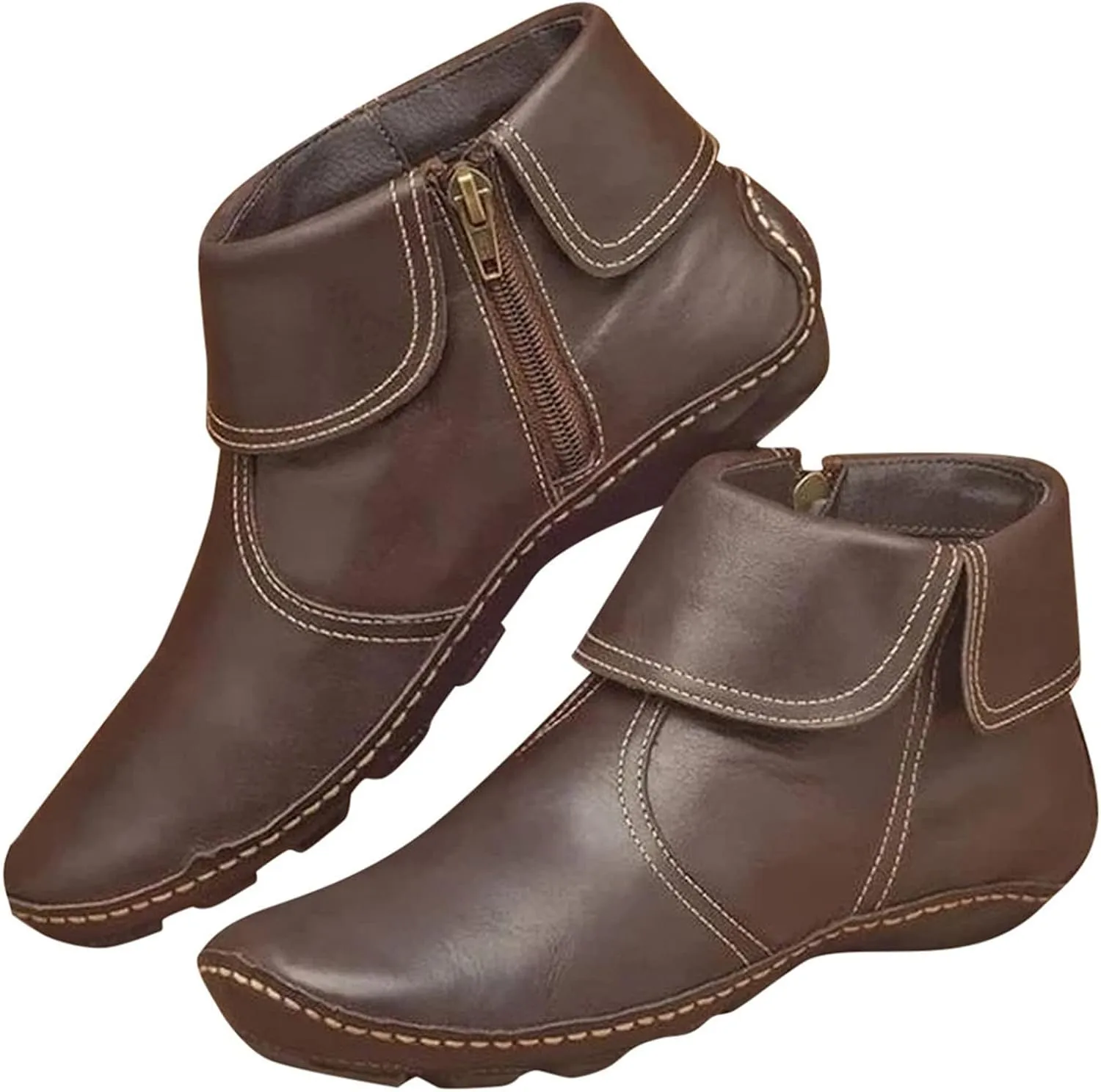 oiangi Leather Ankle Boots for Women Low Heel - Comfortable Round Toe Side Zipper Quilted Non-slip Short Booties Lightweight Casual Flat Shoes