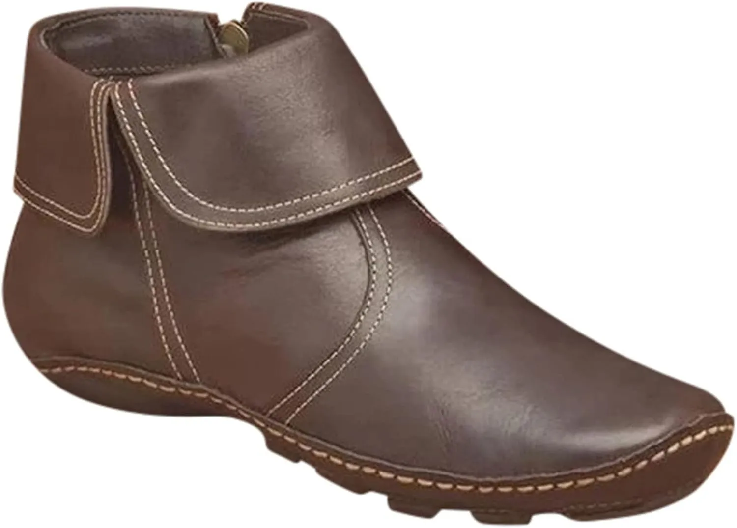 oiangi Leather Ankle Boots for Women Low Heel - Comfortable Round Toe Side Zipper Quilted Non-slip Short Booties Lightweight Casual Flat Shoes