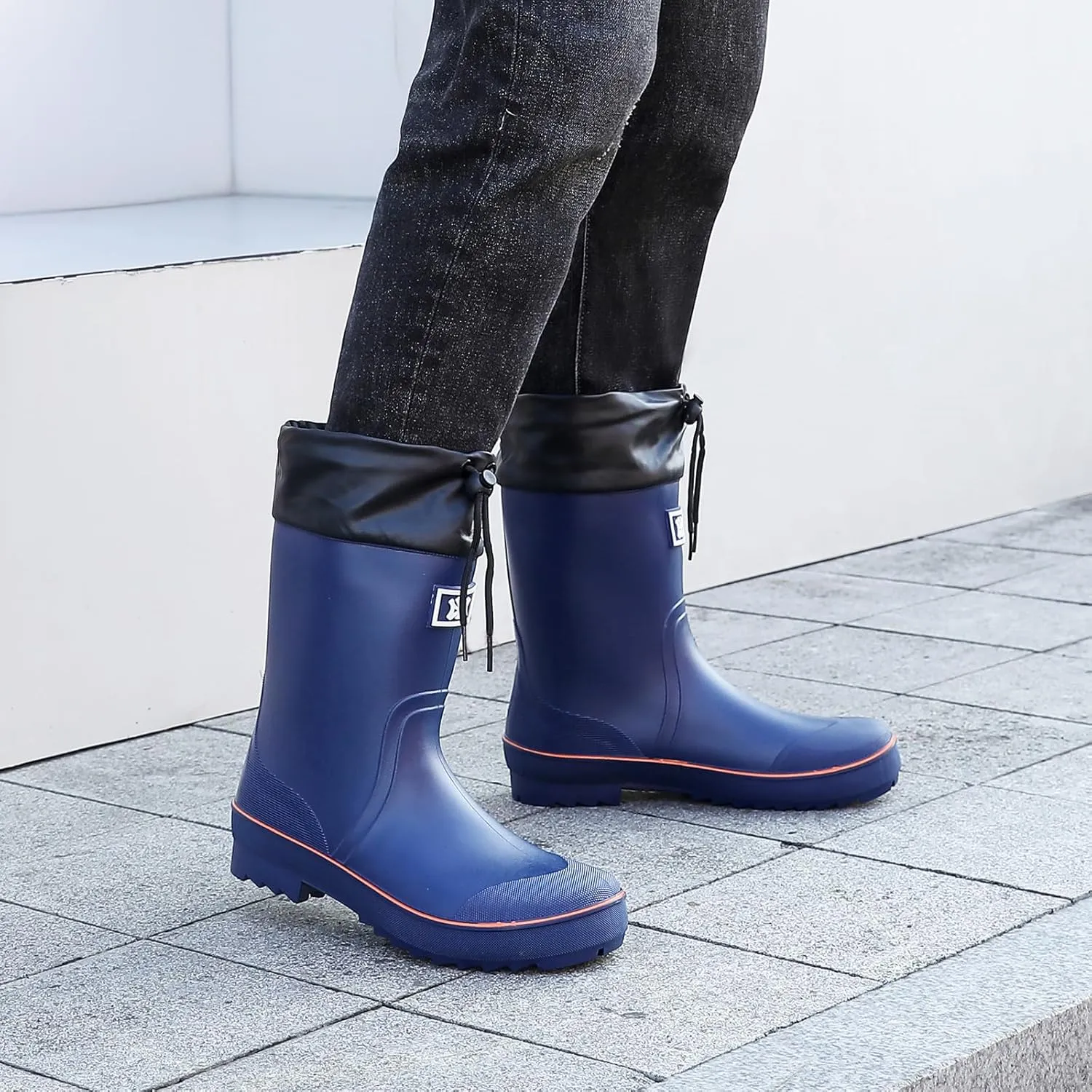 Rain Boots for Men, Waterproof Warm Rubber Boots Mens Garden Boots, Comfort Mid-Calf Lightweight Adjustable Raining Shoes, Elastic Chelsea Ankle Rain Boots Fishing Shoes for Yard Farm Outdoor Work