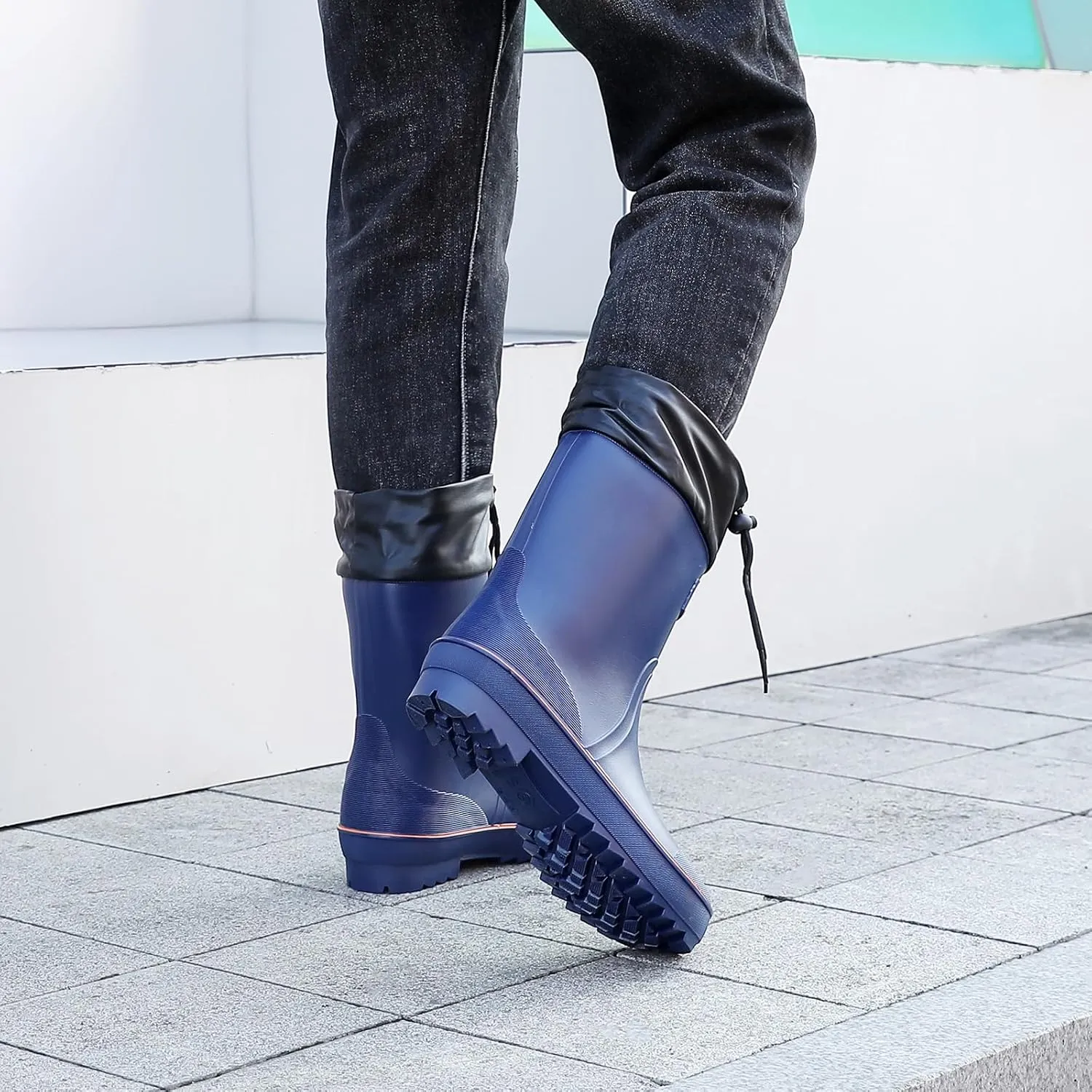 Rain Boots for Men, Waterproof Warm Rubber Boots Mens Garden Boots, Comfort Mid-Calf Lightweight Adjustable Raining Shoes, Elastic Chelsea Ankle Rain Boots Fishing Shoes for Yard Farm Outdoor Work