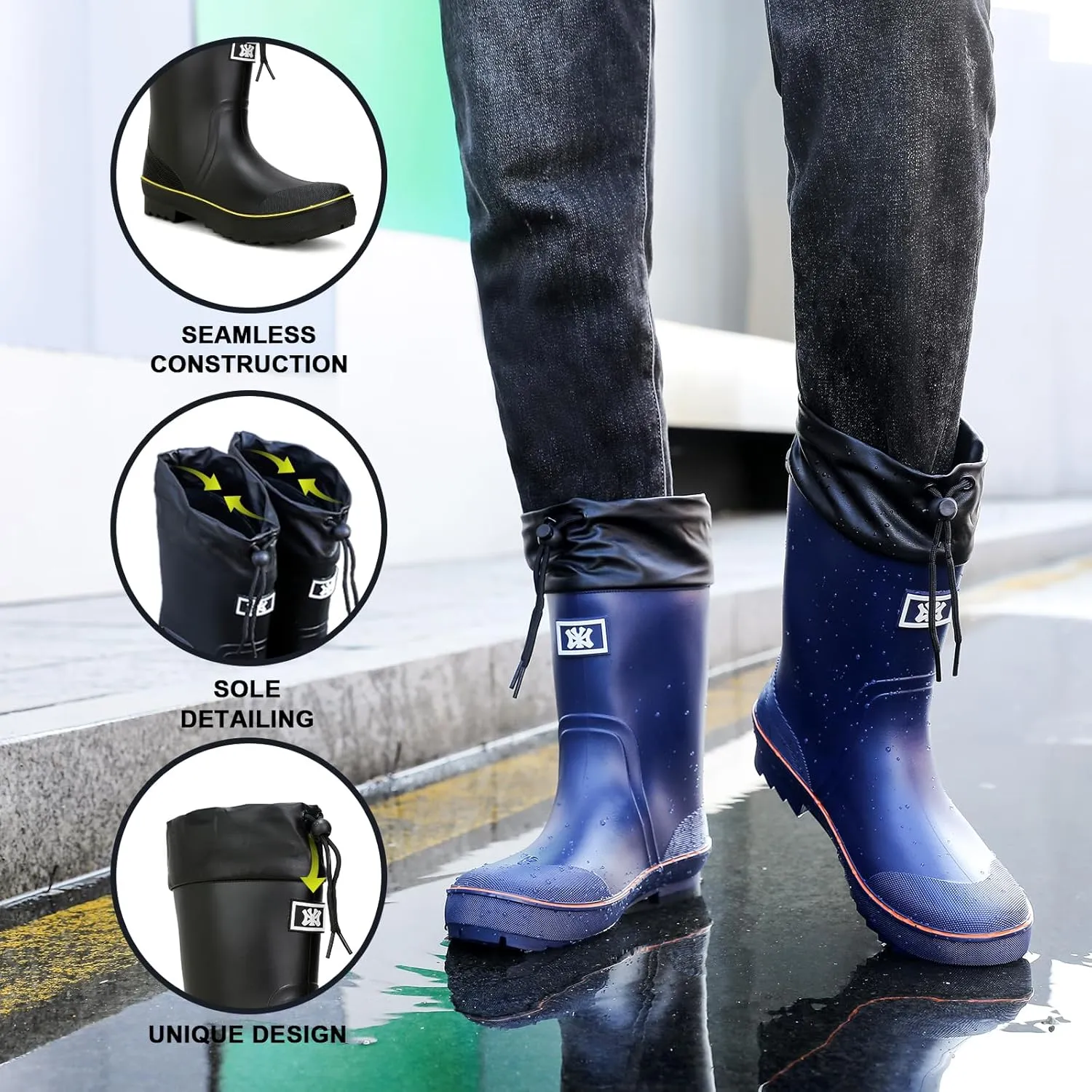 Rain Boots for Men, Waterproof Warm Rubber Boots Mens Garden Boots, Comfort Mid-Calf Lightweight Adjustable Raining Shoes, Elastic Chelsea Ankle Rain Boots Fishing Shoes for Yard Farm Outdoor Work