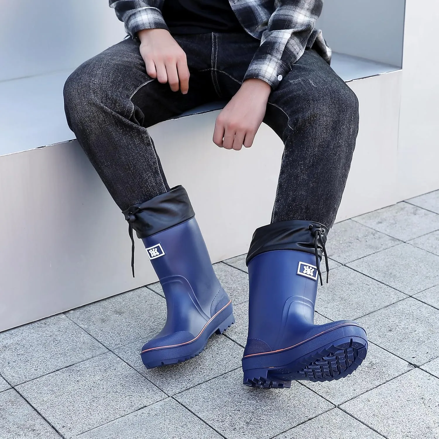 Rain Boots for Men, Waterproof Warm Rubber Boots Mens Garden Boots, Comfort Mid-Calf Lightweight Adjustable Raining Shoes, Elastic Chelsea Ankle Rain Boots Fishing Shoes for Yard Farm Outdoor Work