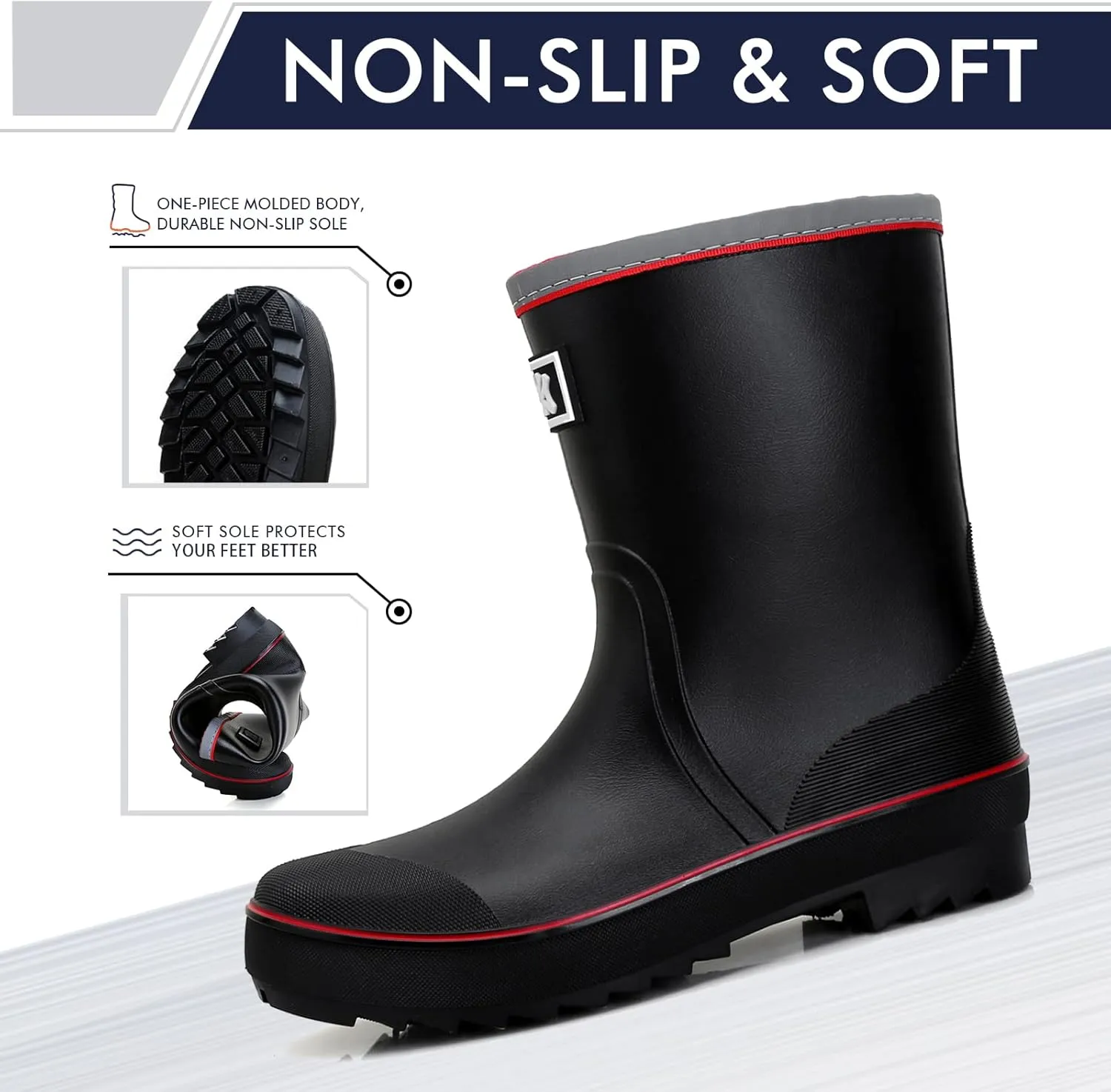 Rain Boots for Men, Waterproof Warm Rubber Boots Mens Garden Boots, Comfort Mid-Calf Lightweight Adjustable Raining Shoes, Elastic Chelsea Ankle Rain Boots Fishing Shoes for Yard Farm Outdoor Work