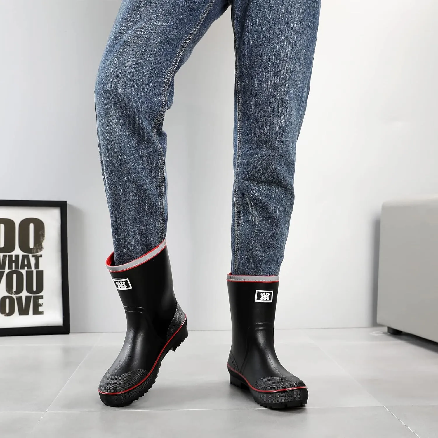 Rain Boots for Men, Waterproof Warm Rubber Boots Mens Garden Boots, Comfort Mid-Calf Lightweight Adjustable Raining Shoes, Elastic Chelsea Ankle Rain Boots Fishing Shoes for Yard Farm Outdoor Work