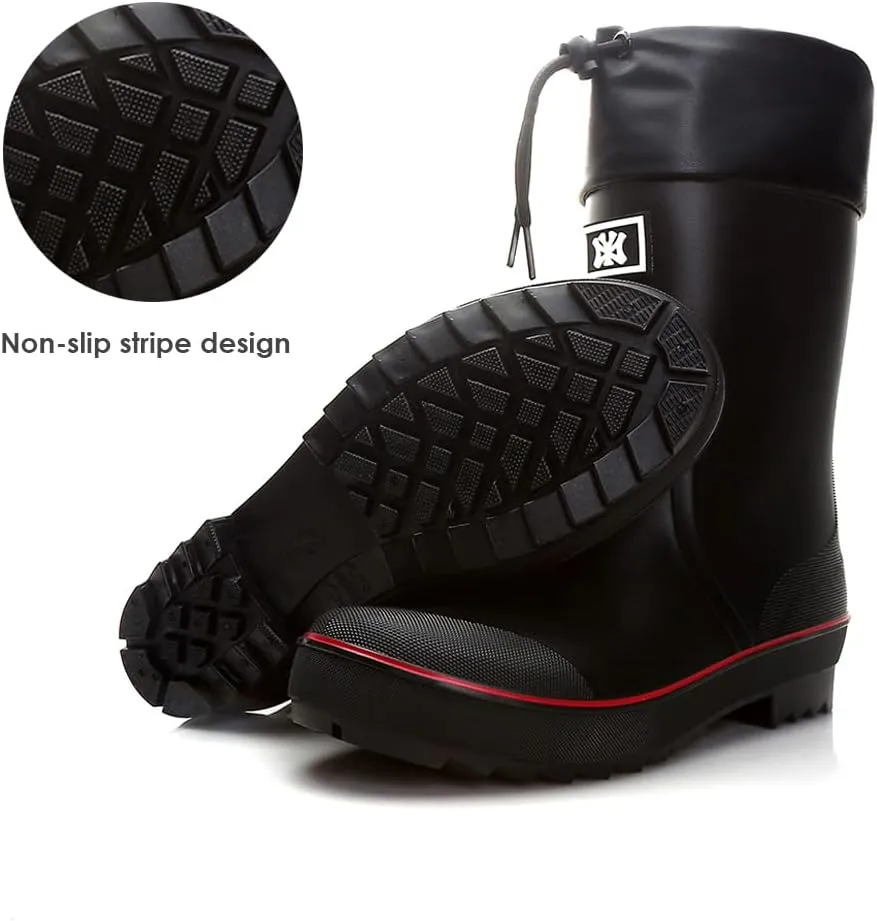 Rain Boots for Men, Waterproof Warm Rubber Boots Mens Garden Boots, Comfort Mid-Calf Lightweight Adjustable Raining Shoes, Elastic Chelsea Ankle Rain Boots Fishing Shoes for Yard Farm Outdoor Work