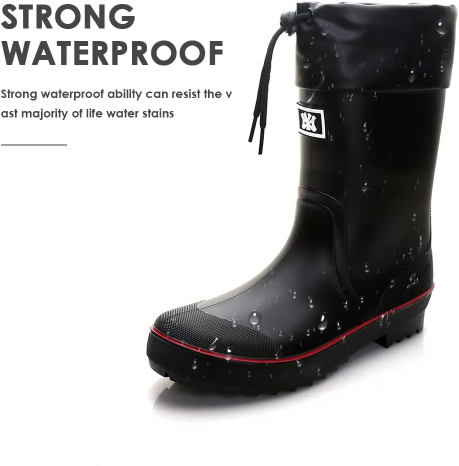 Rain Boots for Men, Waterproof Warm Rubber Boots Mens Garden Boots, Comfort Mid-Calf Lightweight Adjustable Raining Shoes, Elastic Chelsea Ankle Rain Boots Fishing Shoes for Yard Farm Outdoor Work