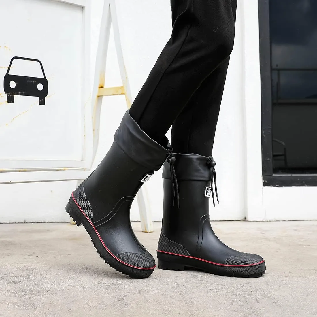 Rain Boots for Men, Waterproof Warm Rubber Boots Mens Garden Boots, Comfort Mid-Calf Lightweight Adjustable Raining Shoes, Elastic Chelsea Ankle Rain Boots Fishing Shoes for Yard Farm Outdoor Work