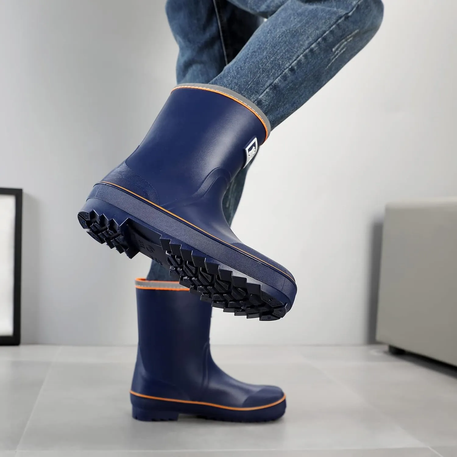 Rain Boots for Men, Waterproof Warm Rubber Boots Mens Garden Boots, Comfort Mid-Calf Lightweight Adjustable Raining Shoes, Elastic Chelsea Ankle Rain Boots Fishing Shoes for Yard Farm Outdoor Work